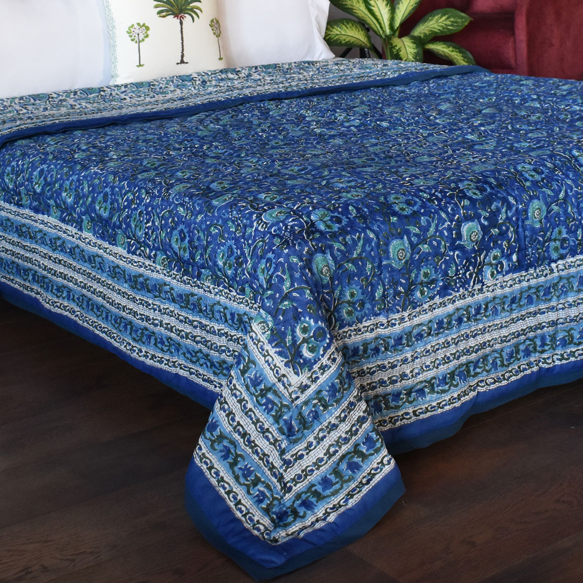 Hand Block Printed Cotton Queen Size Quilt Blue Berry Blossom 251203