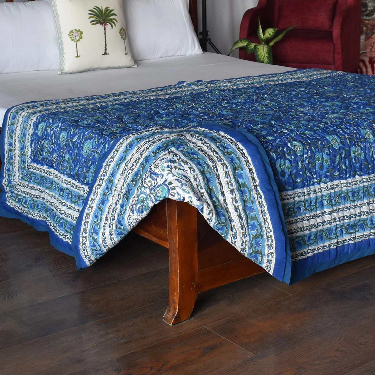 Hand Block Printed Cotton Twin Size Quilt Blue Berry Blossom 251203