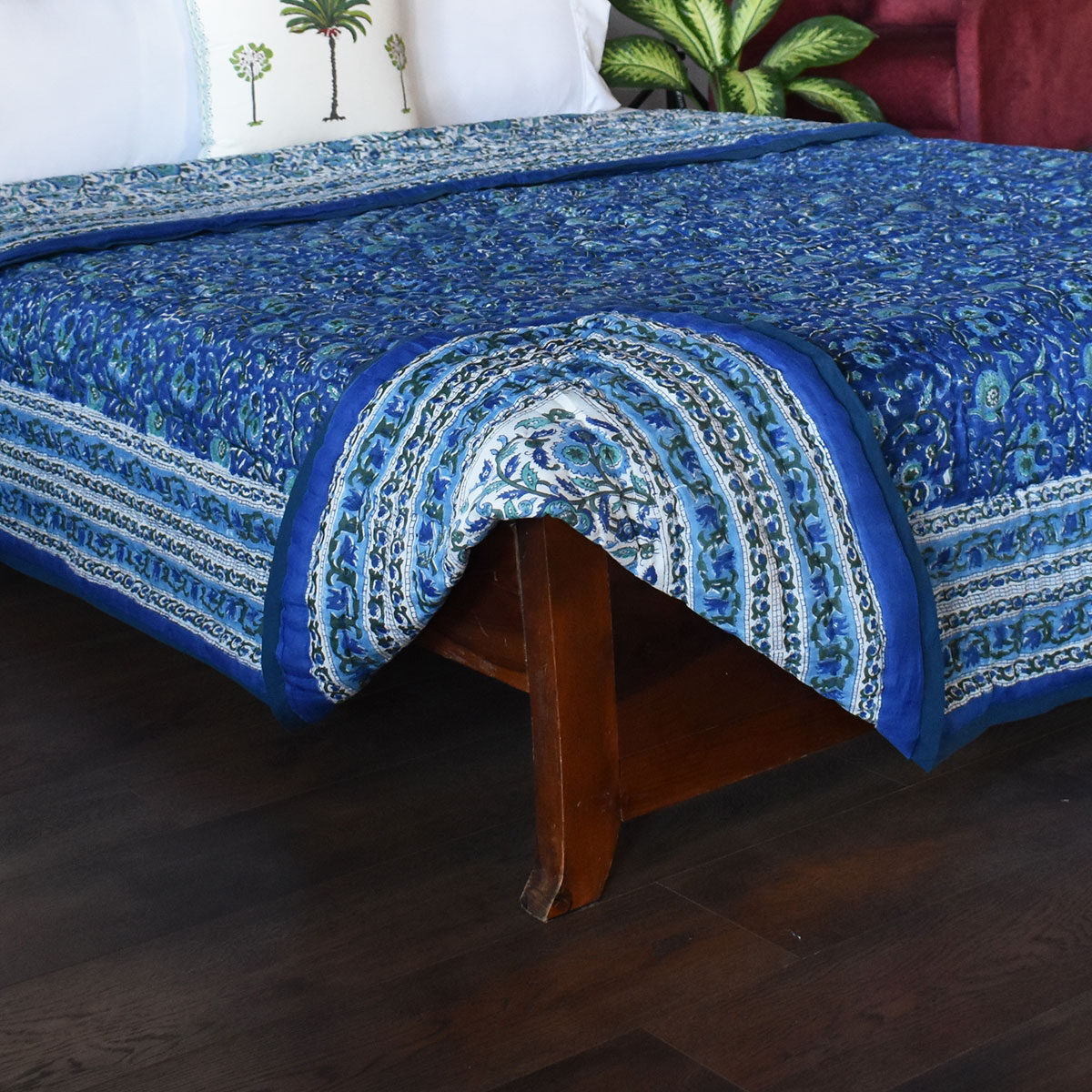 Hand Block Printed Cotton Queen Size Quilt Blue Berry Blossom 251203
