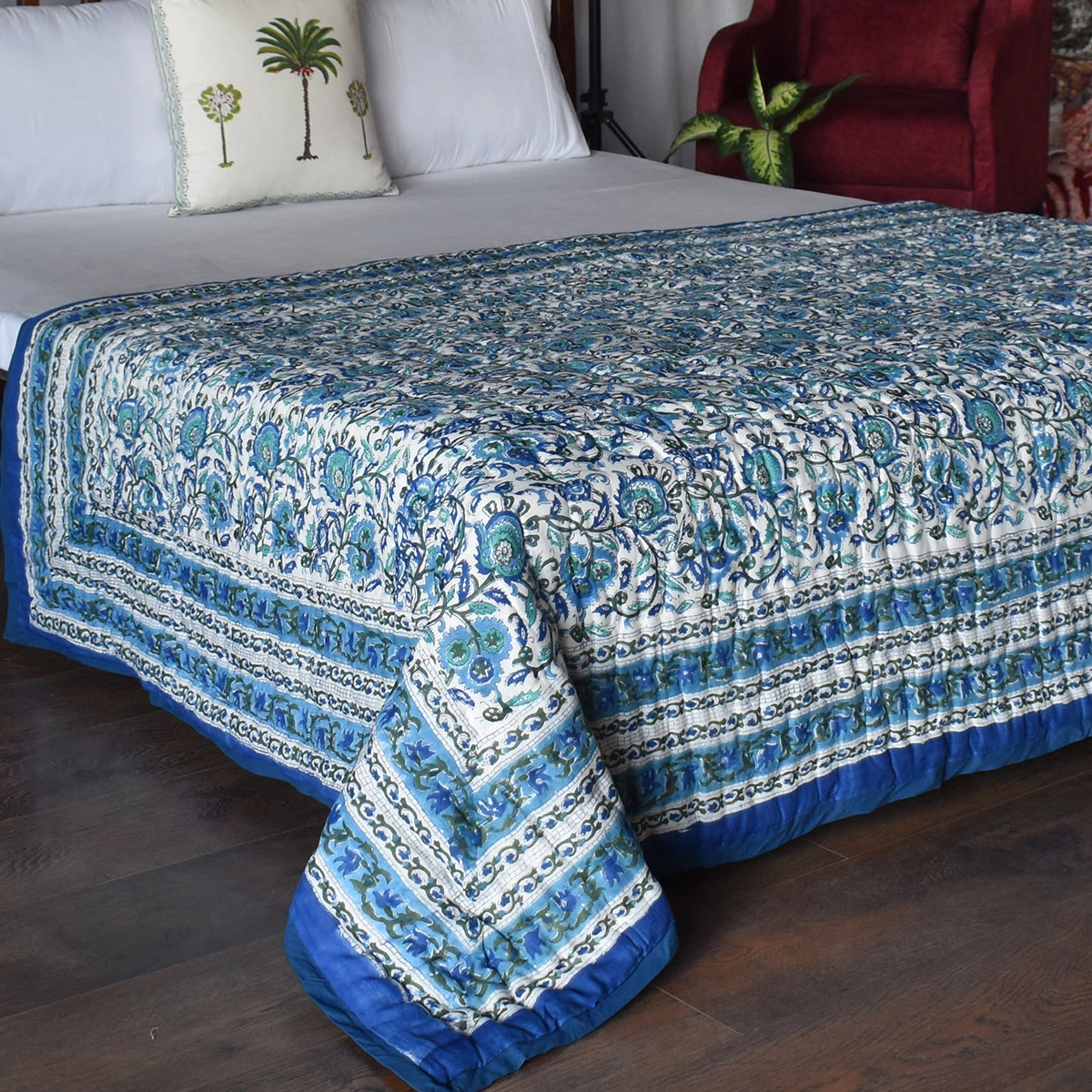 Hand Block Printed Cotton Twin Size Quilt Blue Berry Blossom 251203