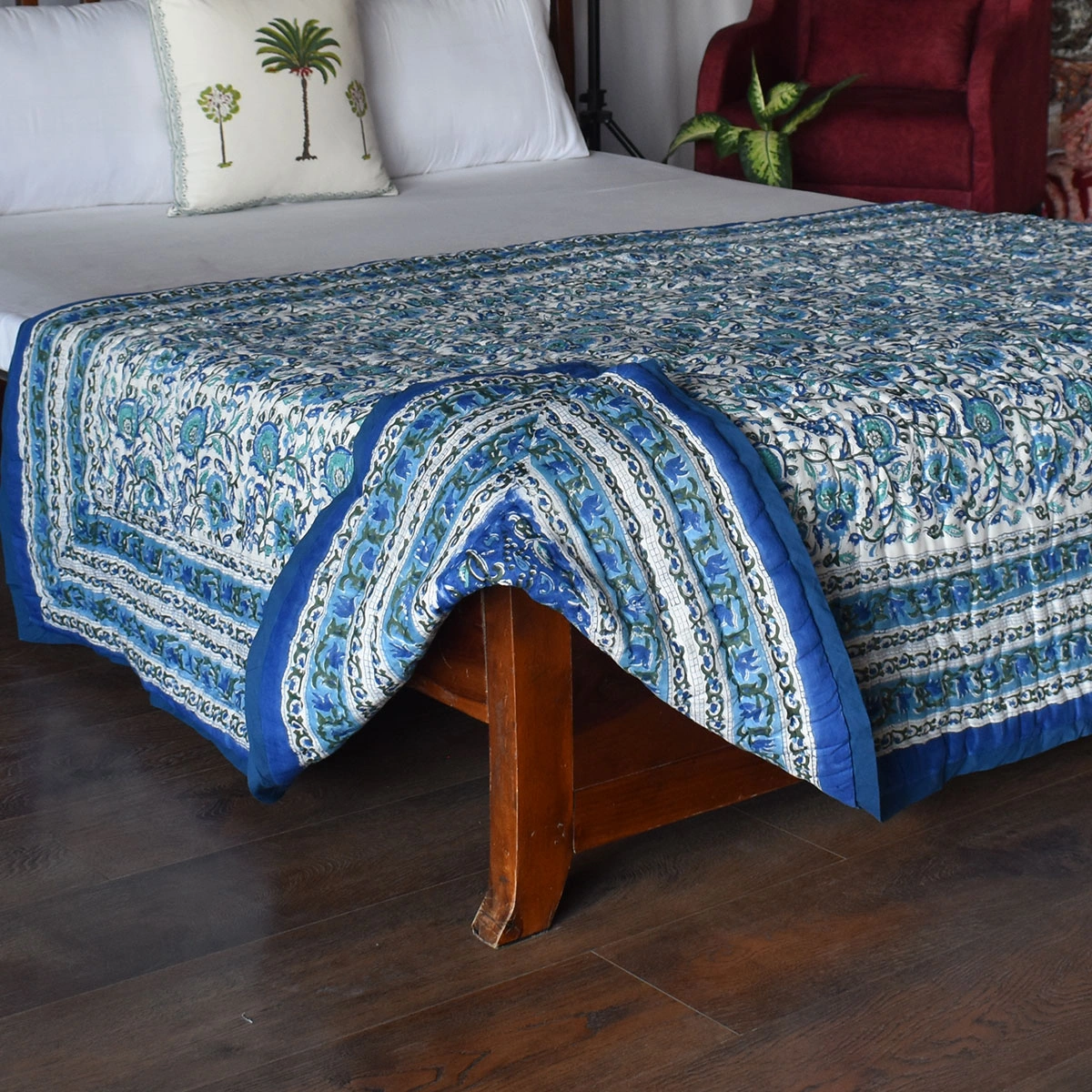 Hand Block Printed Cotton Twin Size Quilt Blue Berry Blossom 251203