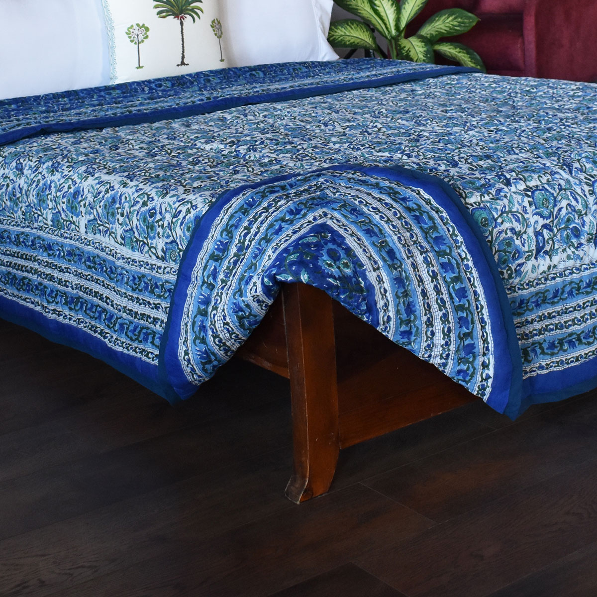 Hand Block Printed Cotton Queen Size Quilt Blue Berry Blossom 251203