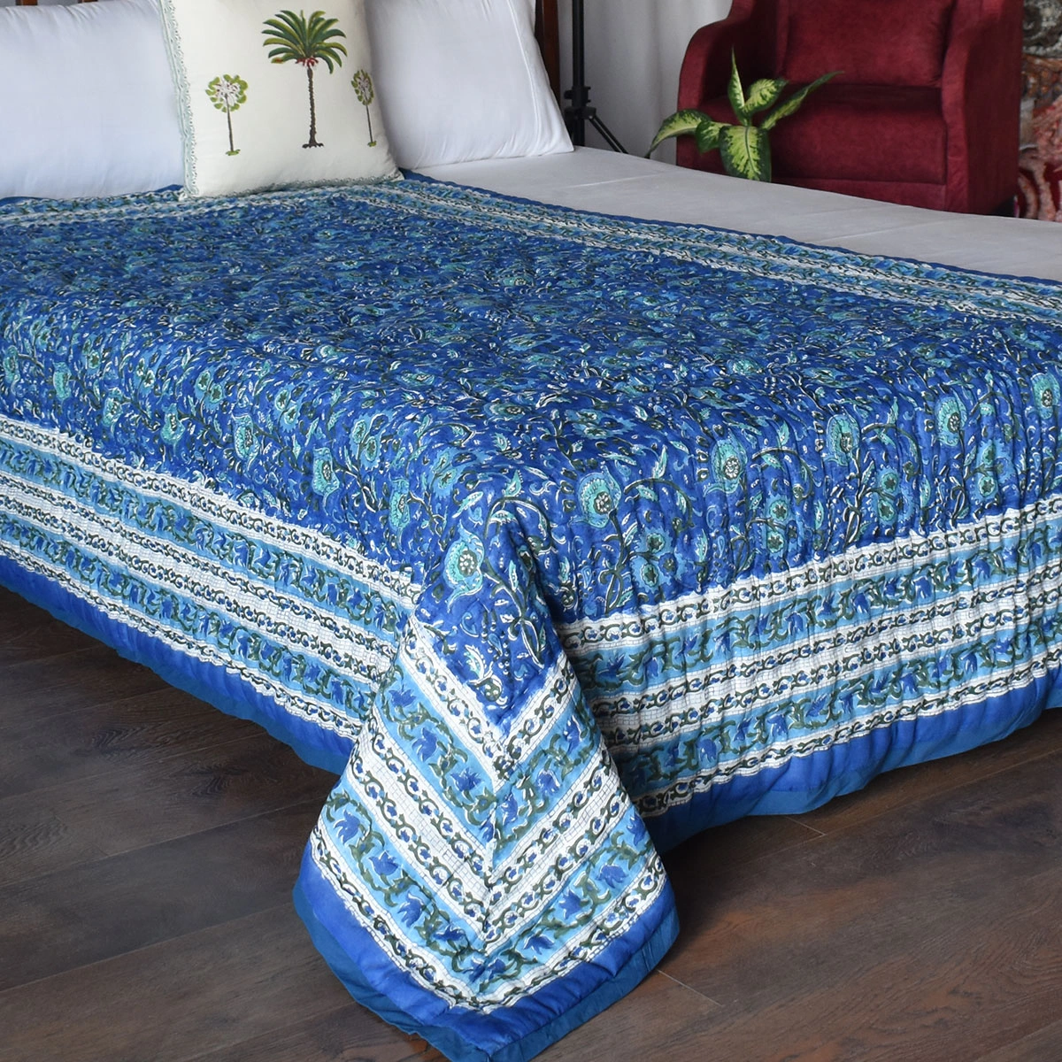 Hand Block Printed Cotton Twin Size Quilt Blue Berry Blossom 251203
