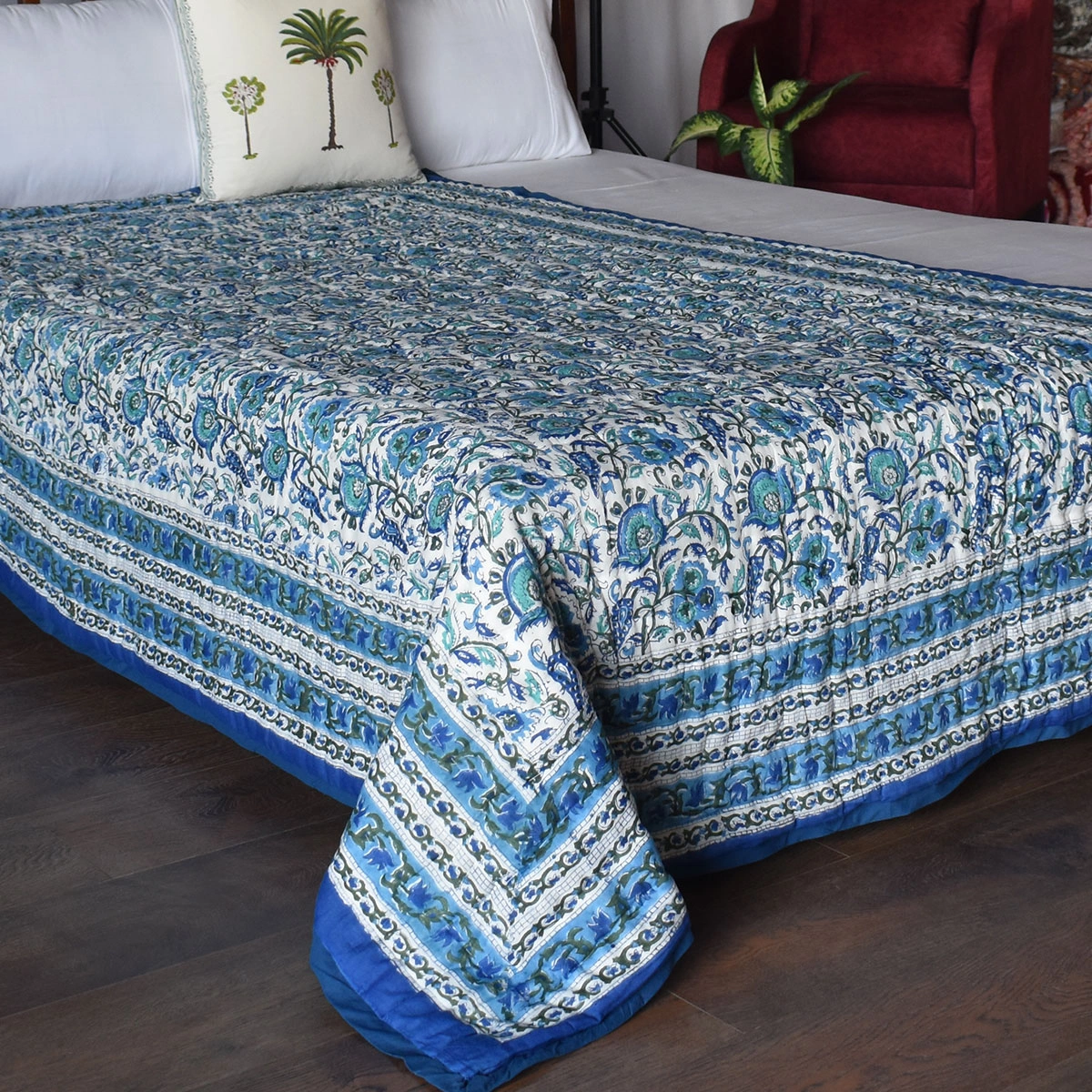 Hand Block Printed Cotton Twin Size Quilt Blue Berry Blossom 251203