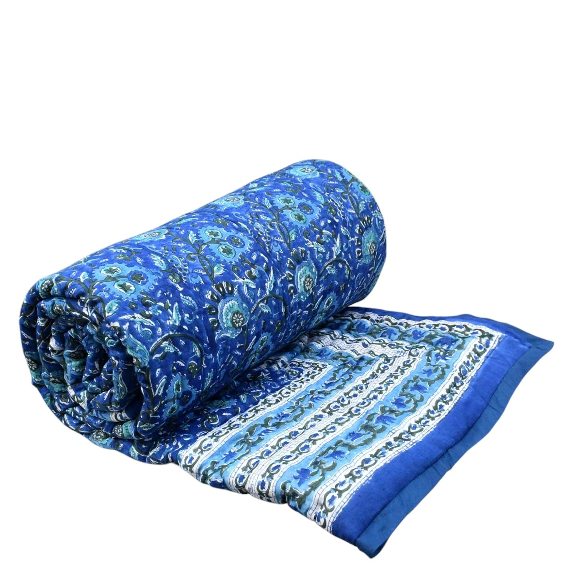 Hand Block Printed Cotton Twin Size Quilt Blue Berry Blossom 251203