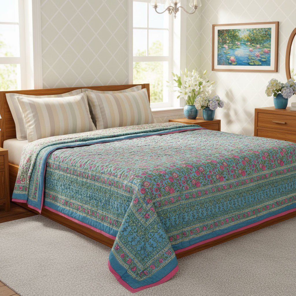 Hand Block Printed Cotton Queen Size Quilt Blue Pink Blossom 701397