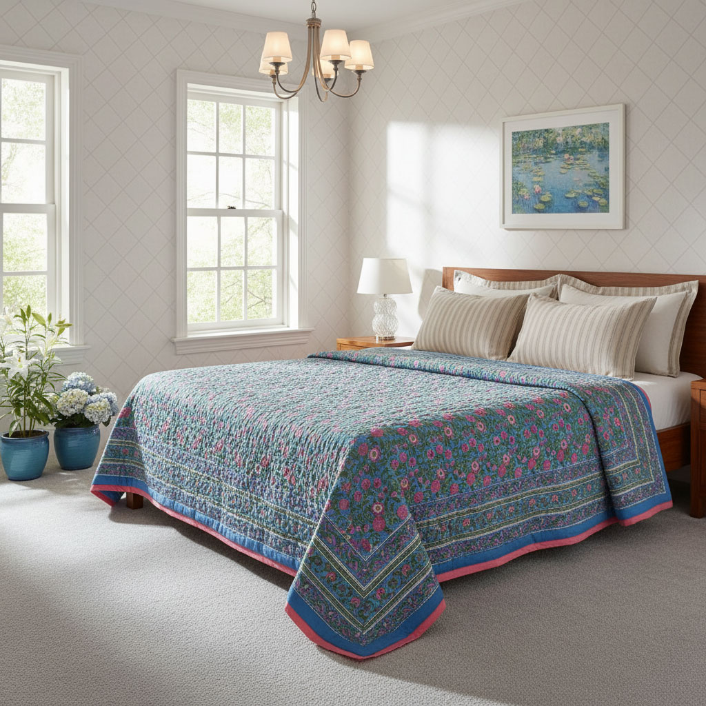 Hand Block Printed Cotton Twin Size Quilt Blue Pink Blossom 701397