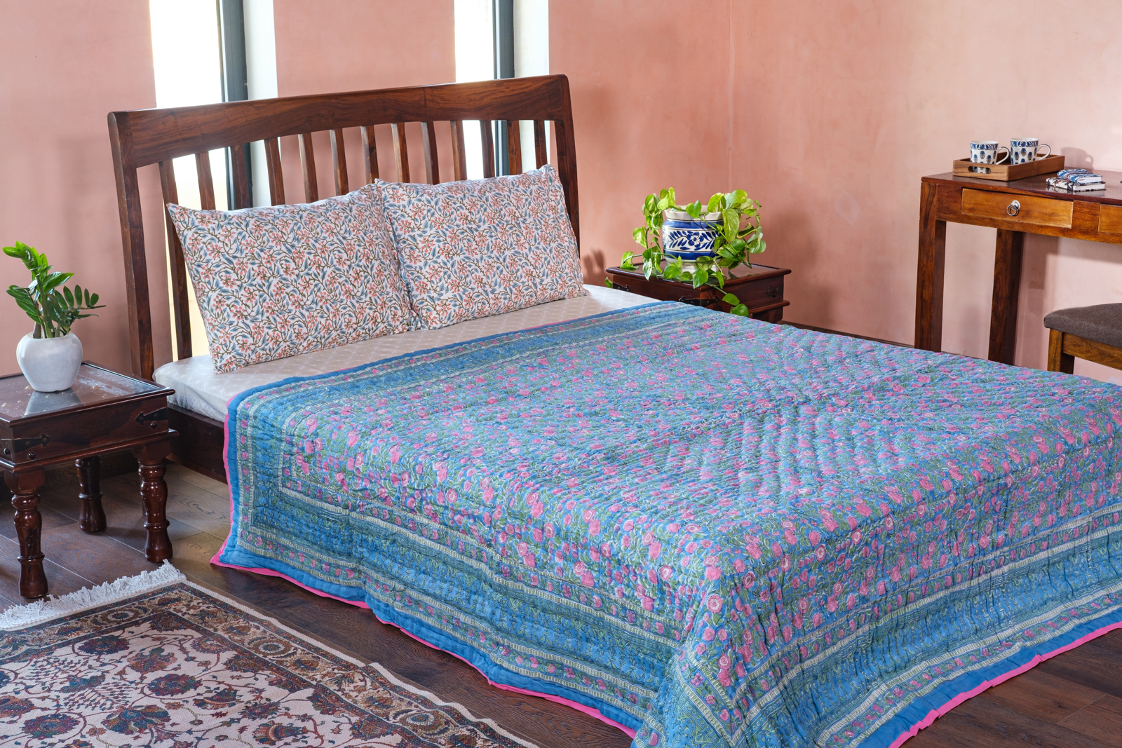 Hand Block Printed Cotton Queen Size Quilt Blue Pink Blossom 701397