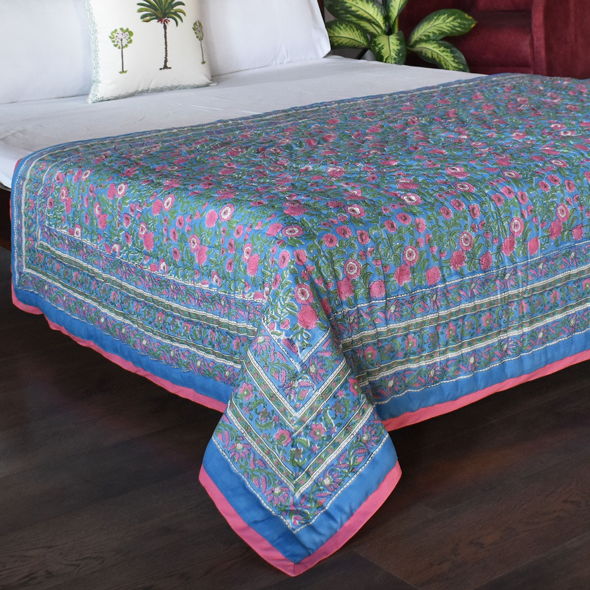 Hand Block Printed Cotton Twin Size Quilt Blue Pink Blossom 701397