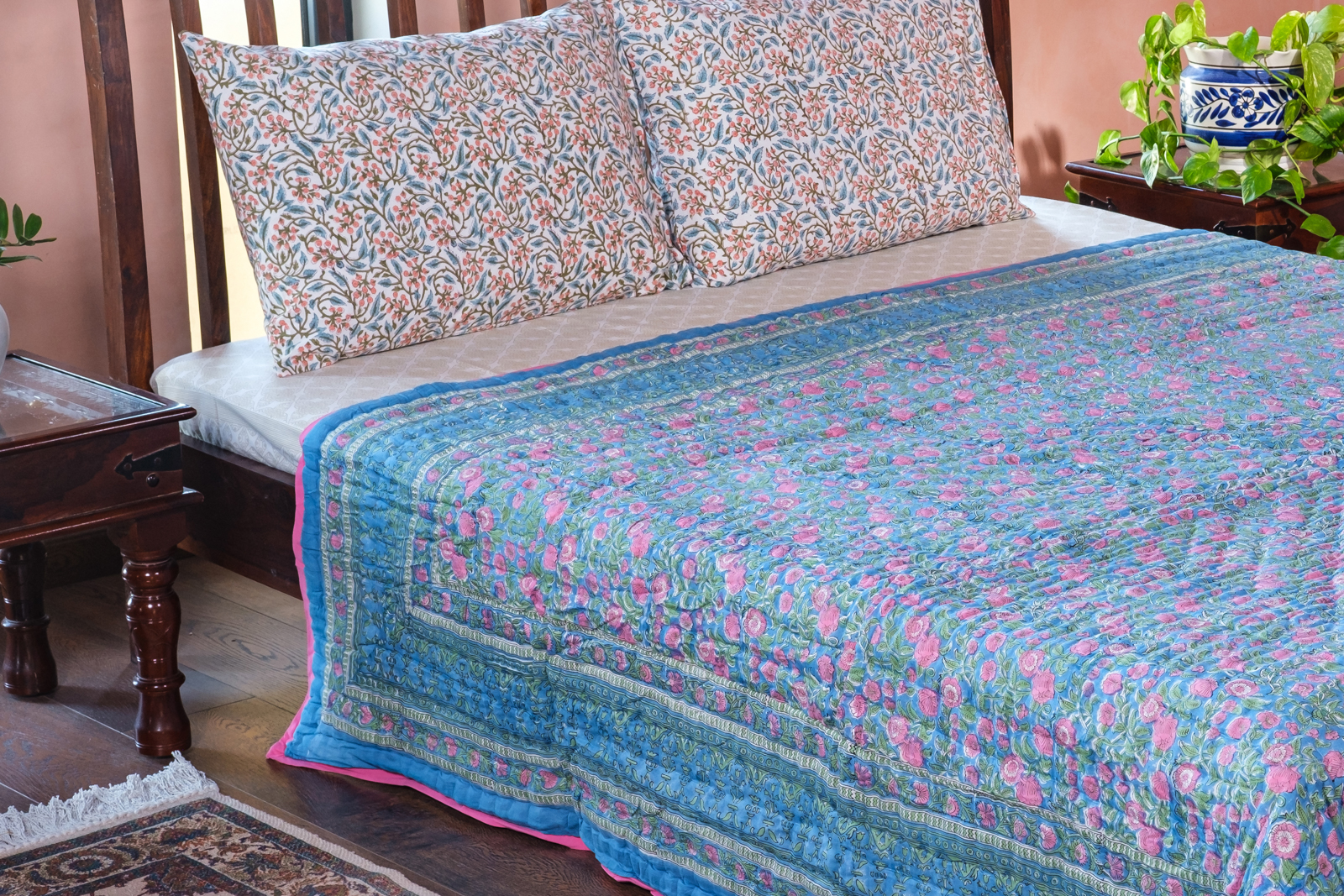 Hand Block Printed Cotton Queen Size Quilt Blue Pink Blossom 701397