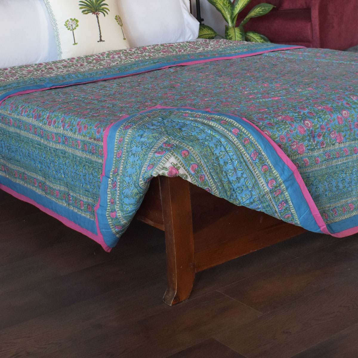 Hand Block Printed Cotton Quilt King Size Blue Pink Blossom 701397