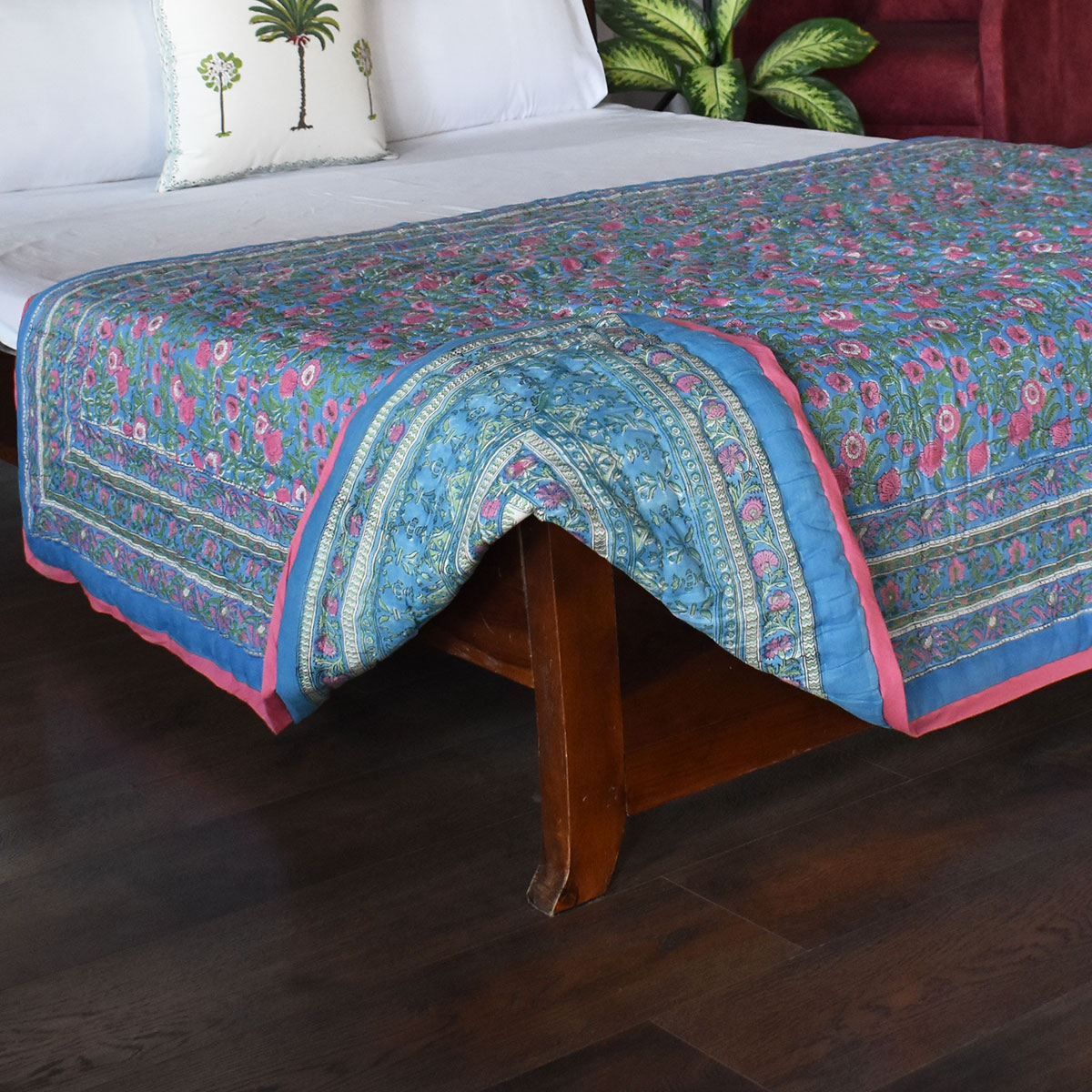 Hand Block Printed Cotton Twin Size Quilt Blue Pink Blossom 701397