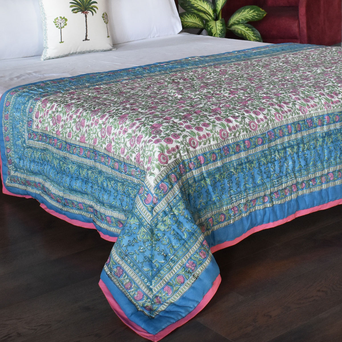 Hand Block Printed Cotton Twin Size Quilt Blue Pink Blossom 701397