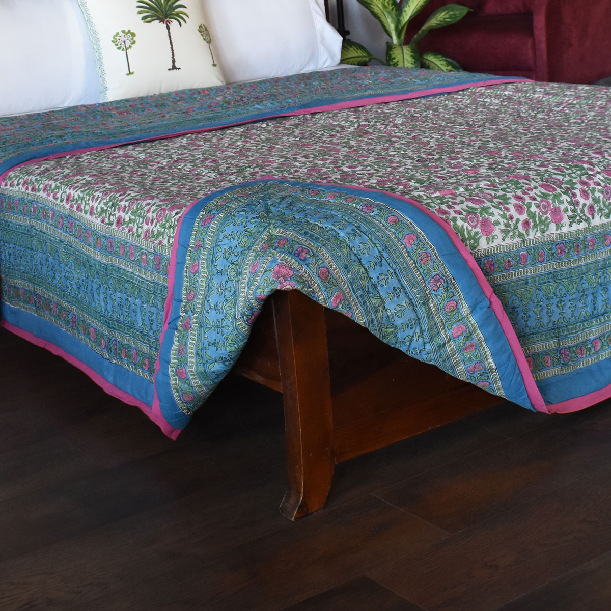 Hand Block Printed Cotton Quilt King Size Blue Pink Blossom 701397