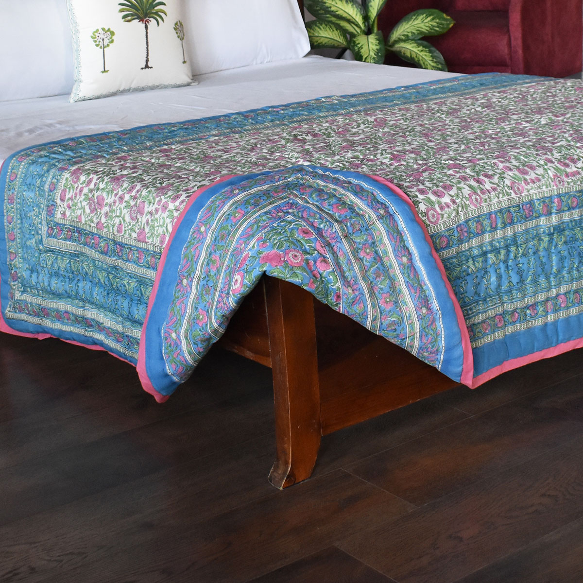Hand Block Printed Cotton Twin Size Quilt Blue Pink Blossom 701397