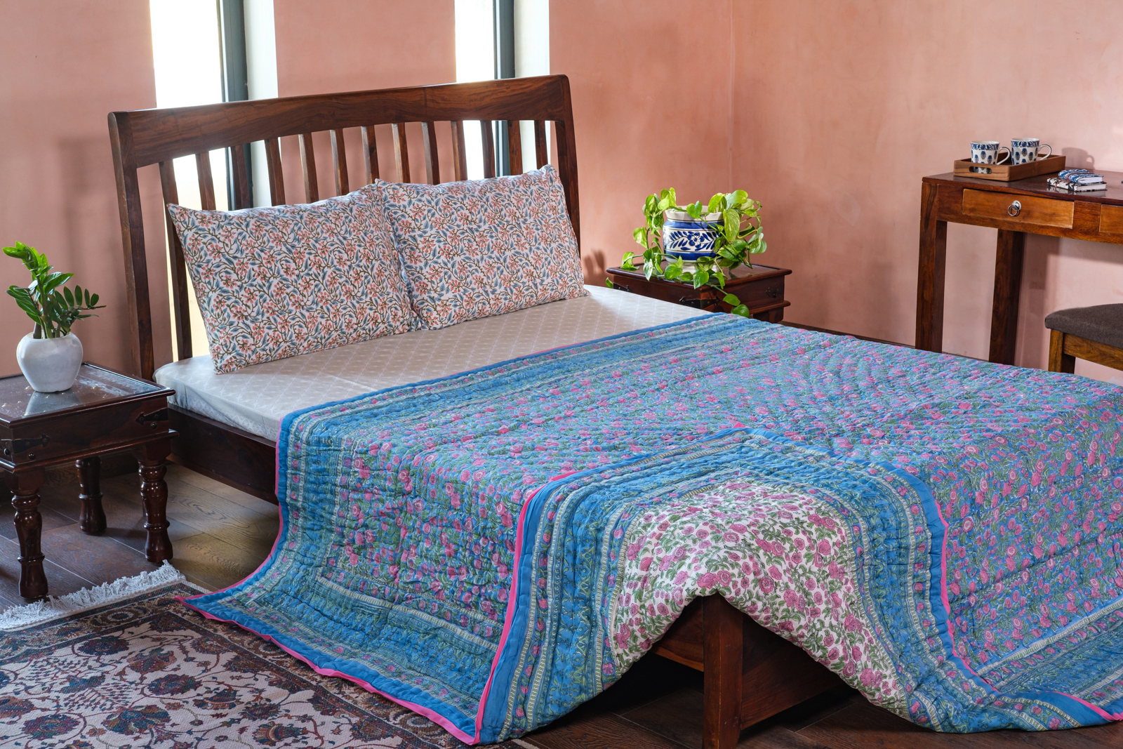 Hand Block Printed Cotton Queen Size Quilt Blue Pink Blossom 701397