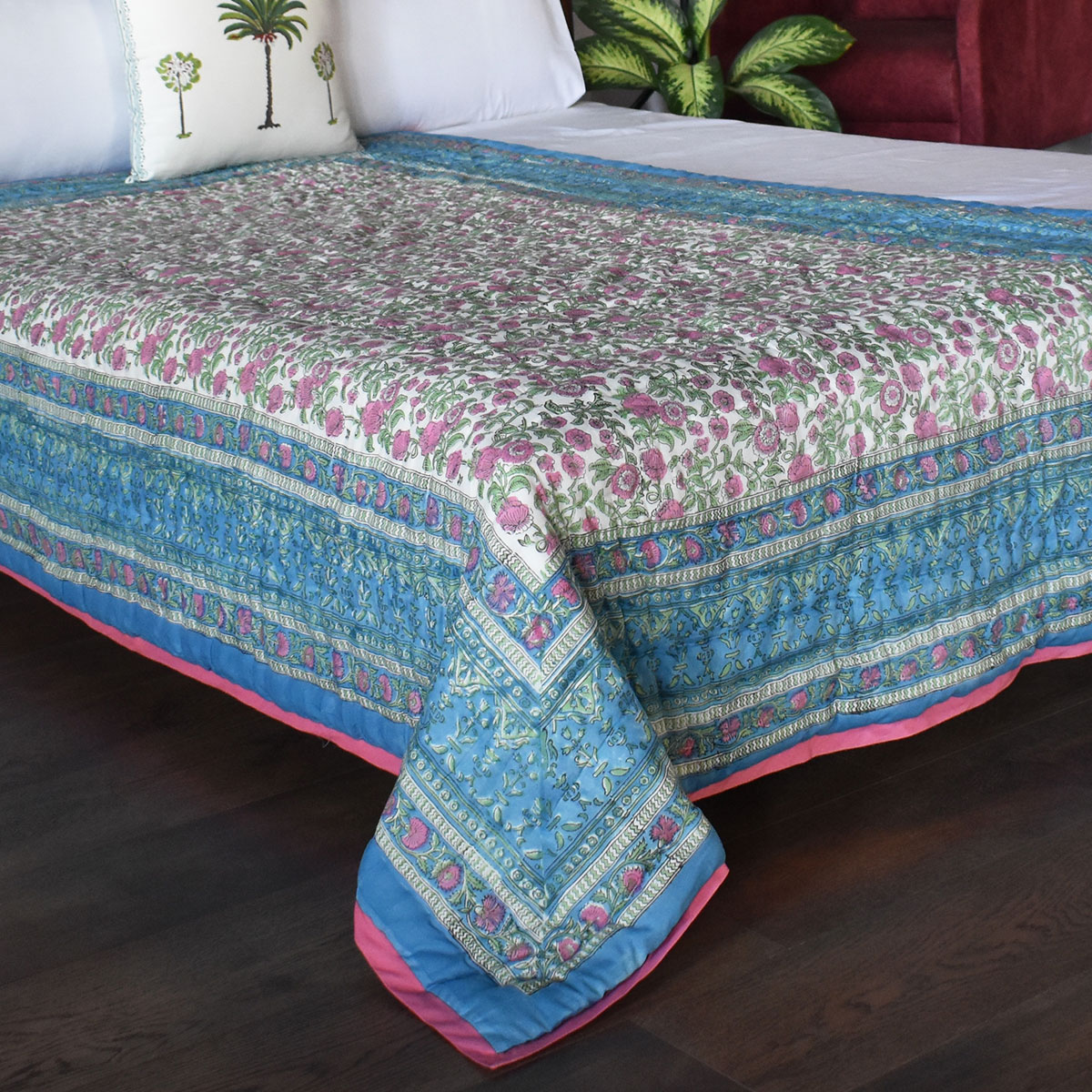 Hand Block Printed Cotton Twin Size Quilt Blue Pink Blossom 701397