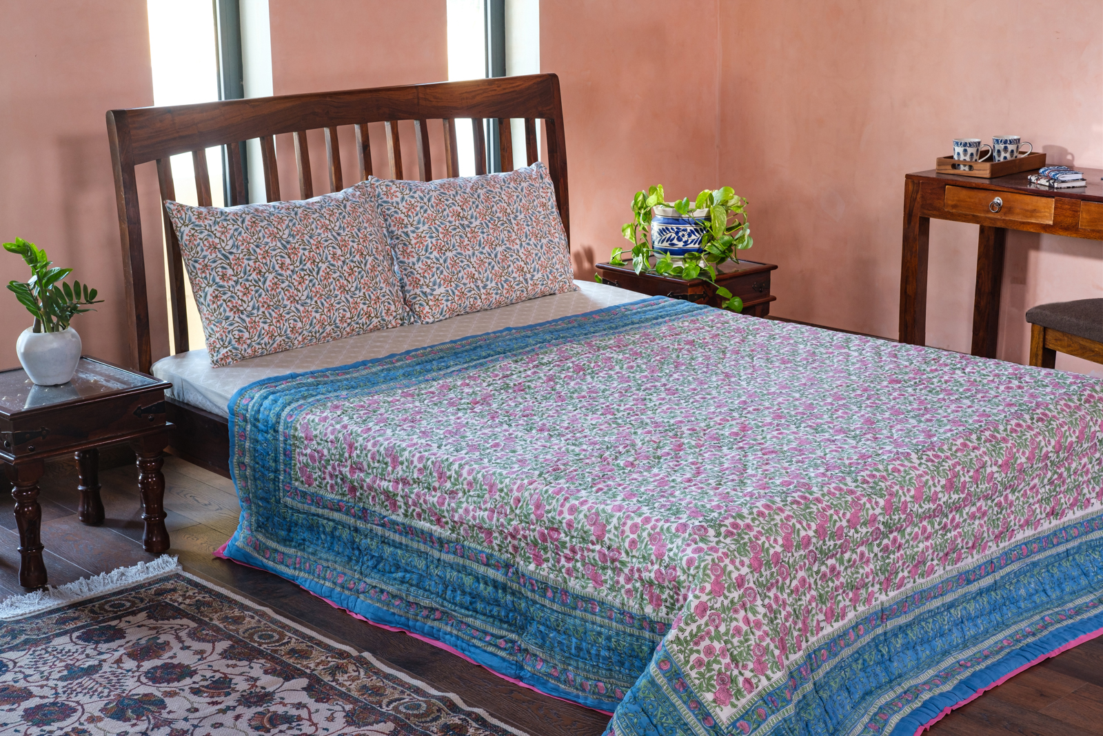 Hand Block Printed Cotton Queen Size Quilt Blue Pink Blossom 701397