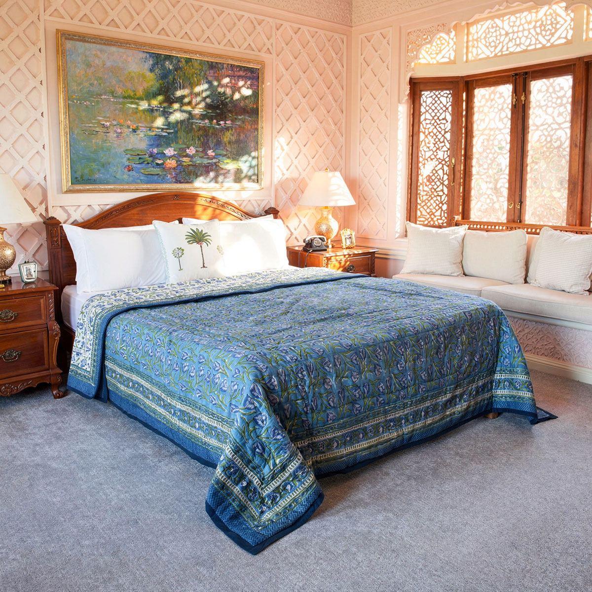 Hand Block Printed Cotton Twin Size Quilt Blue Tulip 601675