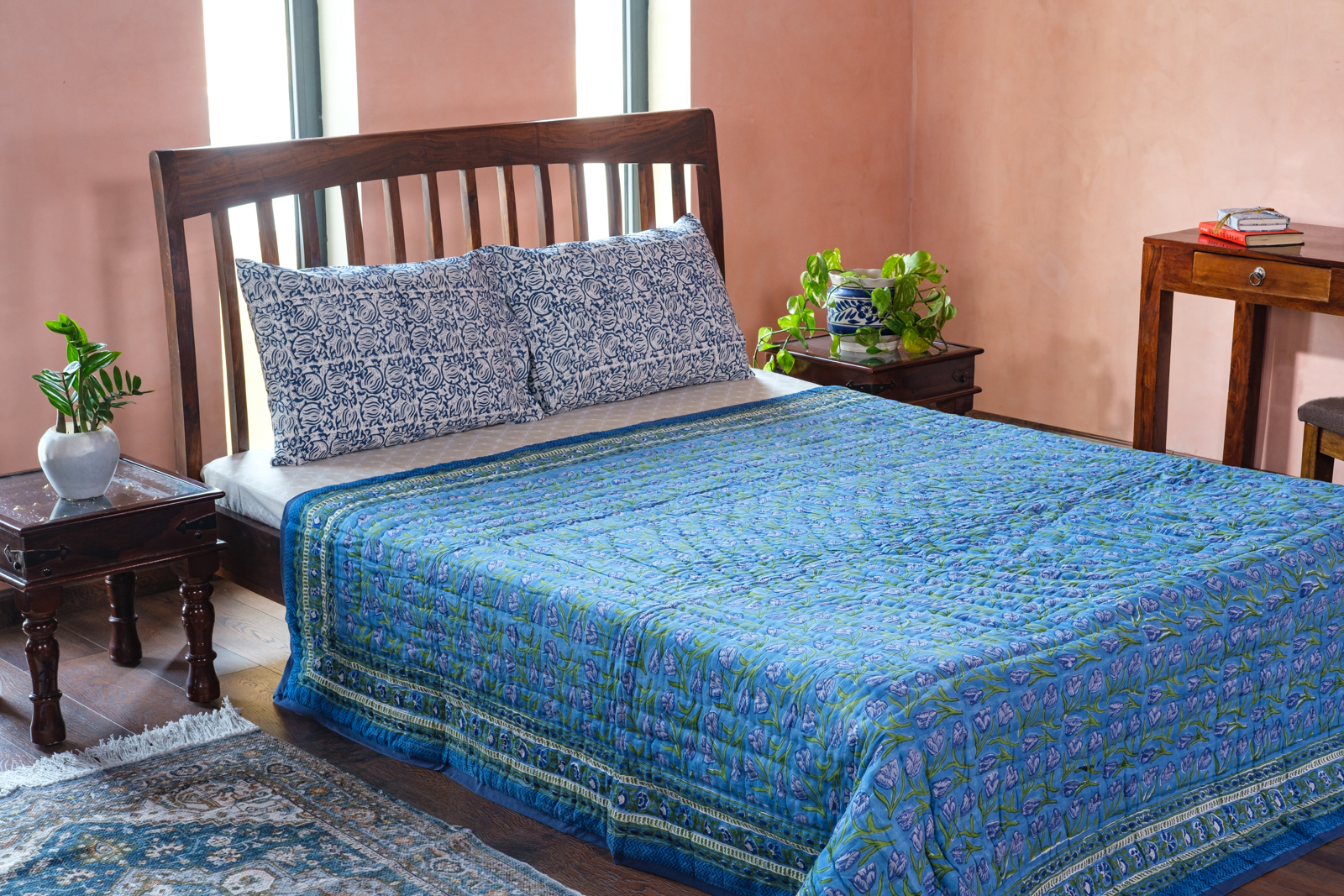 Hand Block Printed Cotton Queen Size Quilt Blue Tulip 601675