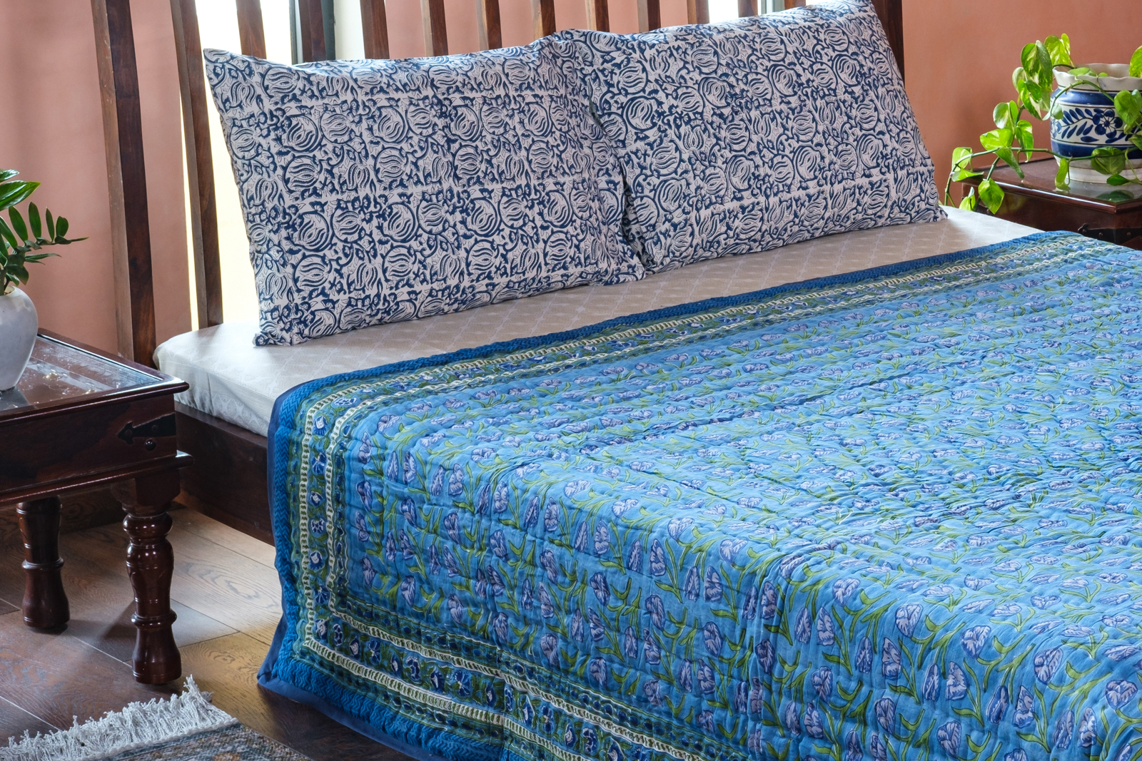 Hand Block Printed Cotton Queen Size Quilt Blue Tulip 601675