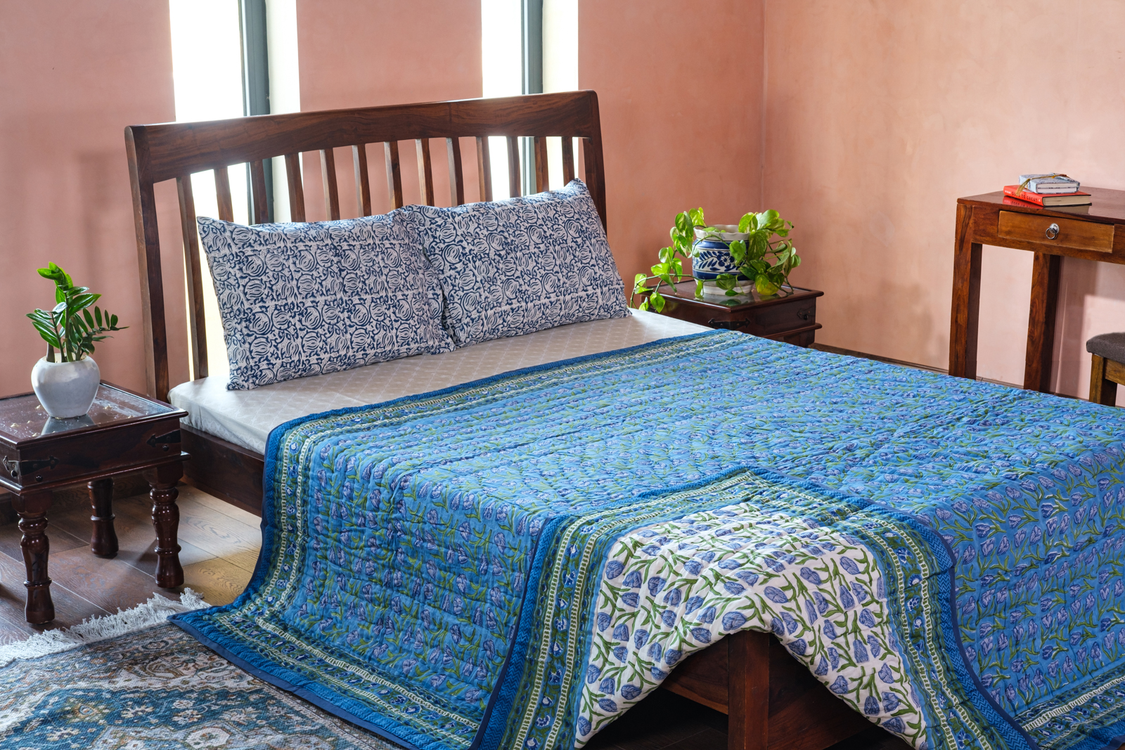 Hand Block Printed Cotton Queen Size Quilt Blue Tulip 601675