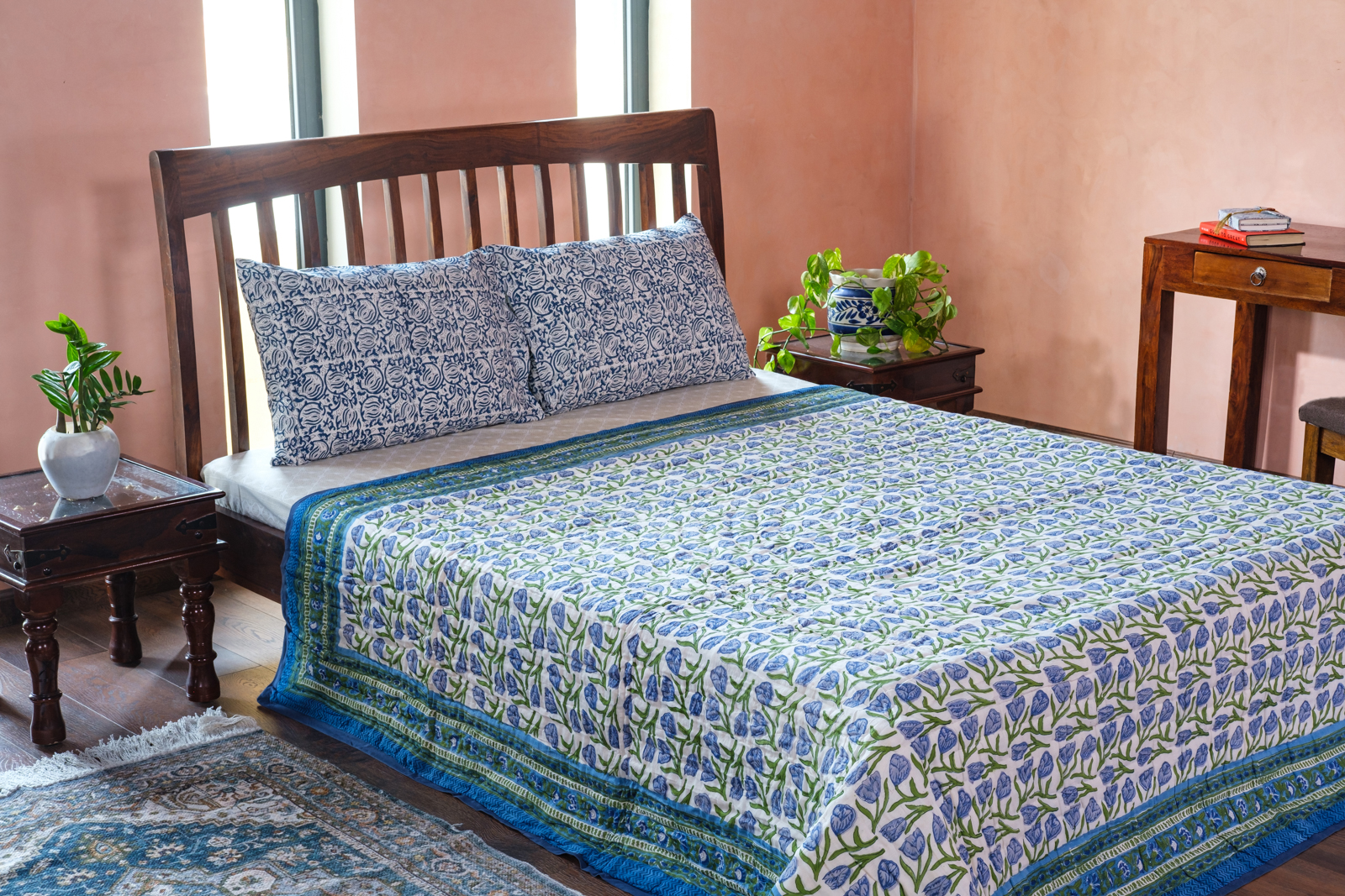 Hand Block Printed Cotton Queen Size Quilt Blue Tulip 601675