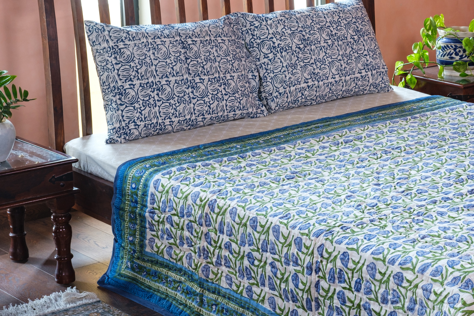 Hand Block Printed Cotton Queen Size Quilt Blue Tulip 601675