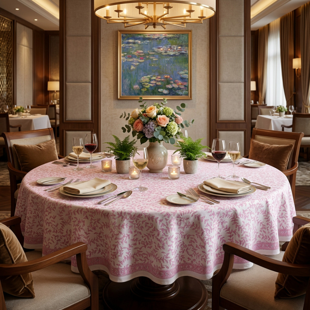 Image of Round 220 cms Cotton French Design Table Cover | Blush Pink Harmony 202406