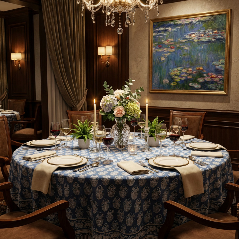 Image of Hand Block Printed Cotton Round Tablecloth 180 cms | Boota Aster Blue 202504