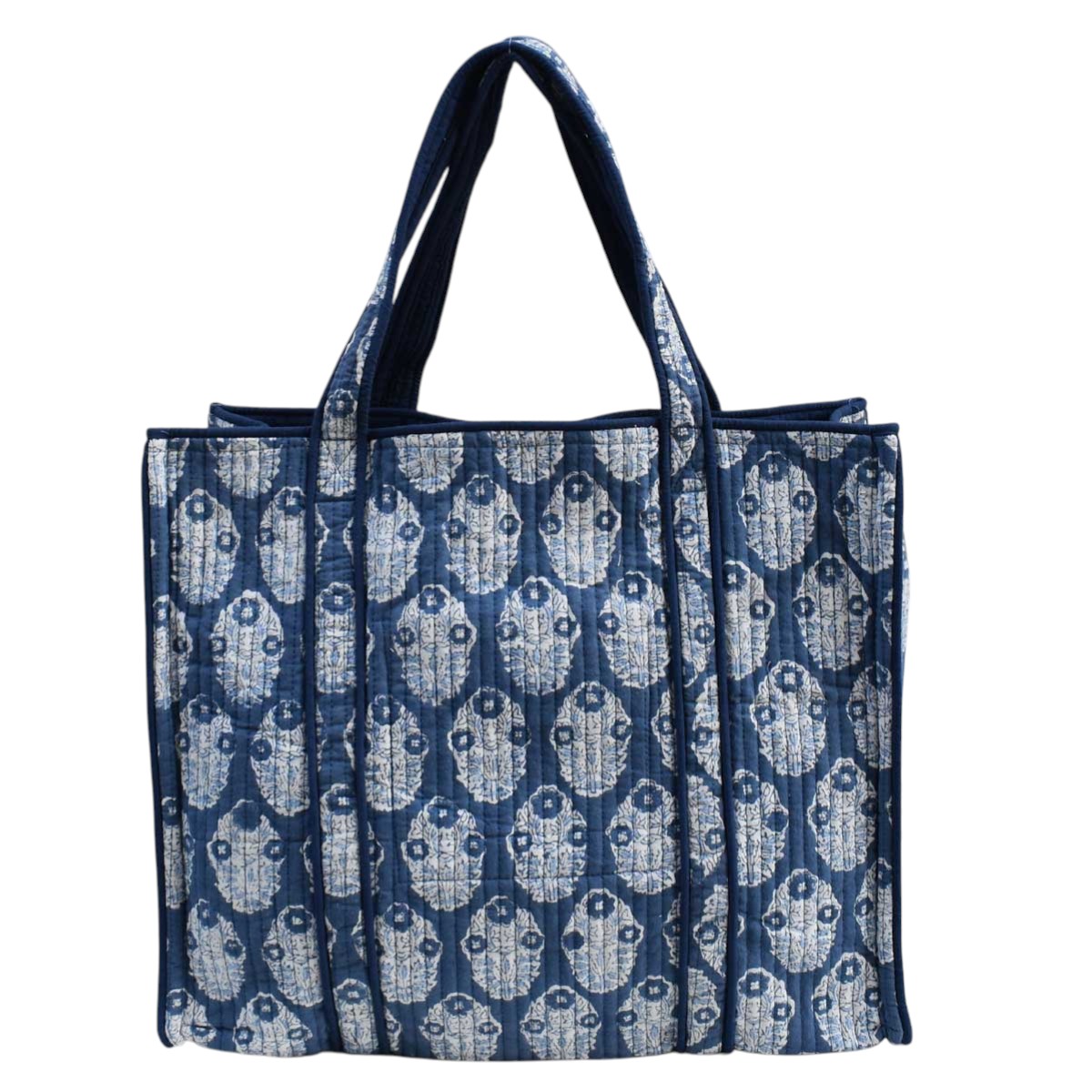 Hand Block Printed Cotton Quilted Tote Bag Boota Aster Blue 202504