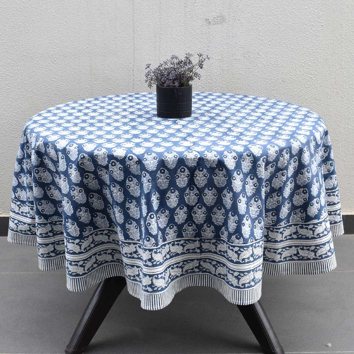Hand Block Printed Cotton Round Tablecloth 275 cms Boota Aster Blue 202504