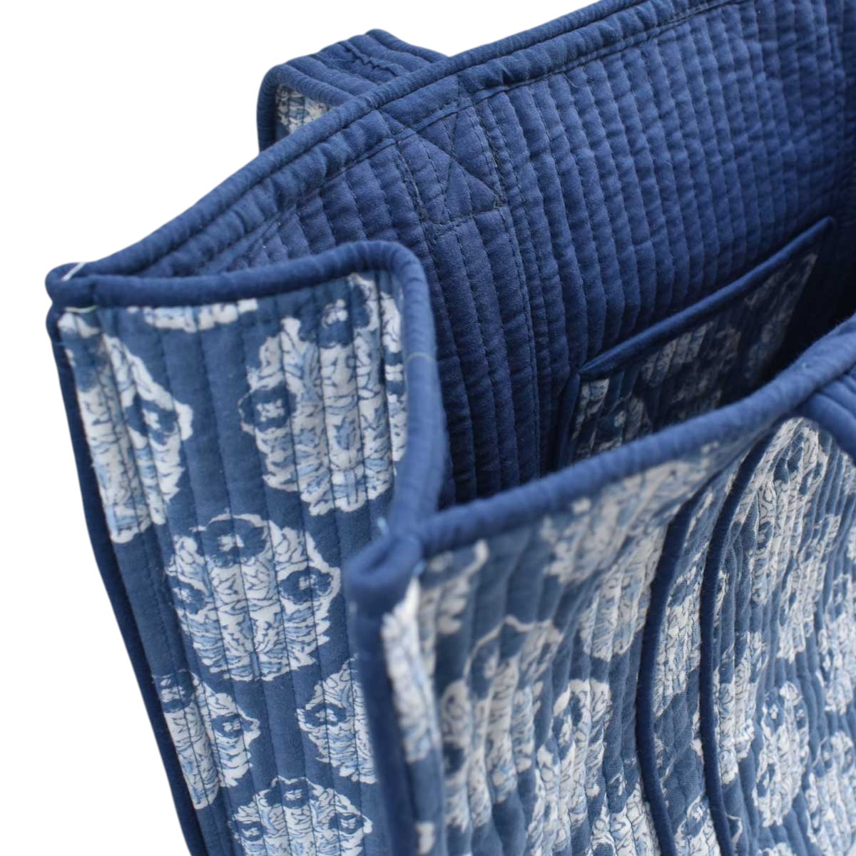 Hand Block Printed Cotton Quilted Tote Bag Boota Aster Blue 202504