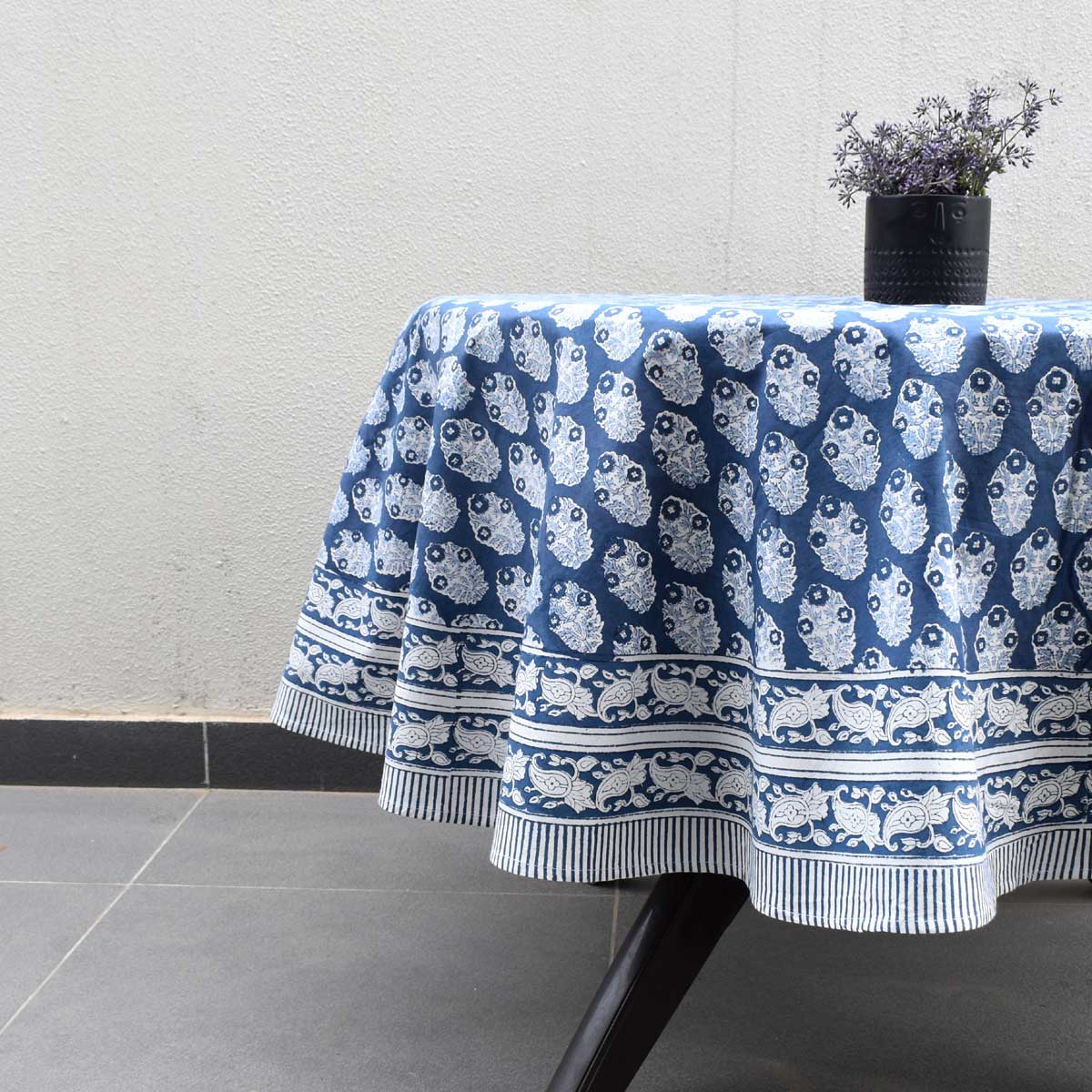 Hand Block Printed Cotton Round Tablecloth 180 cms  Boota Aster Blue 202504