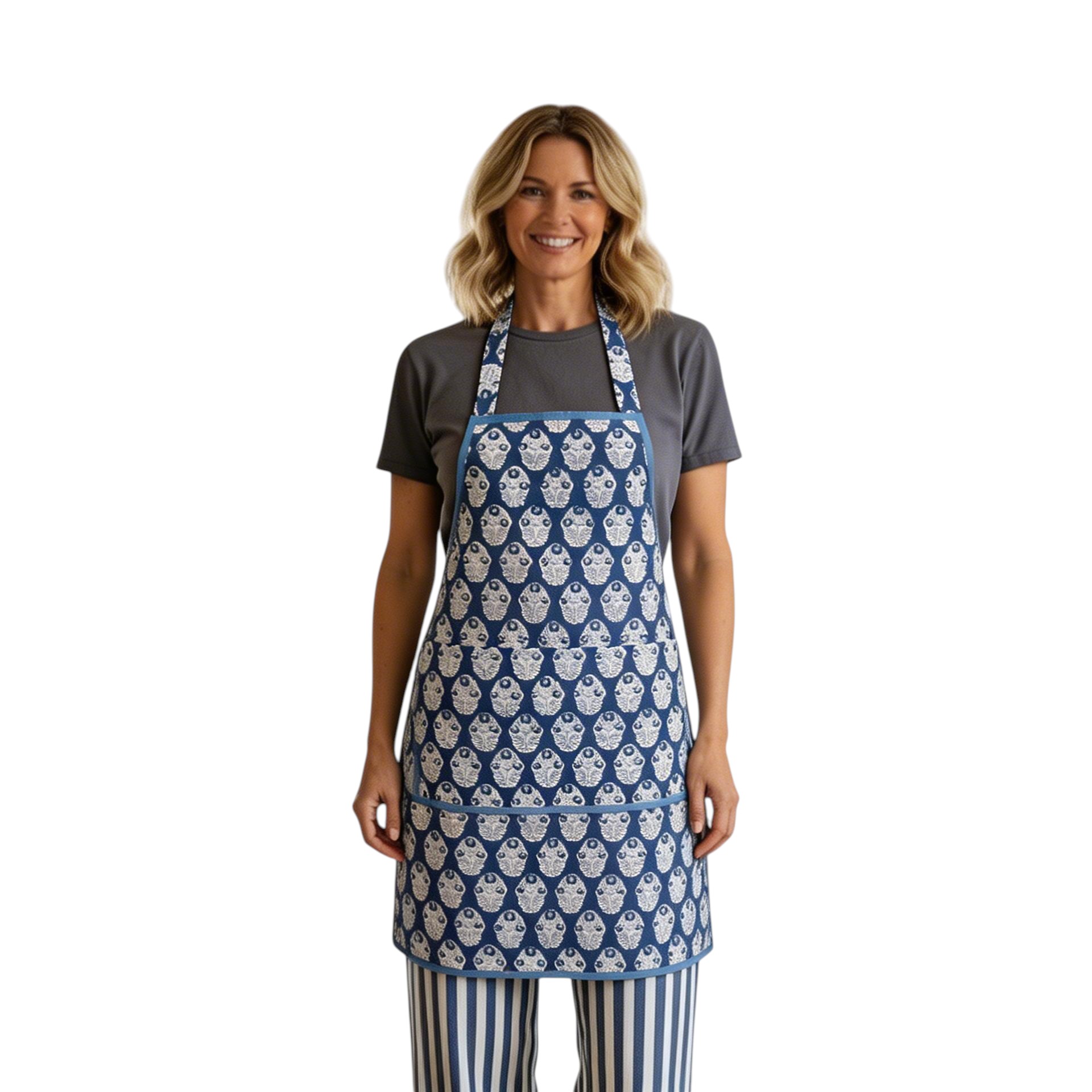 Indian Block-Printed 100 Cotton Apron Boota Aster Blue 202504