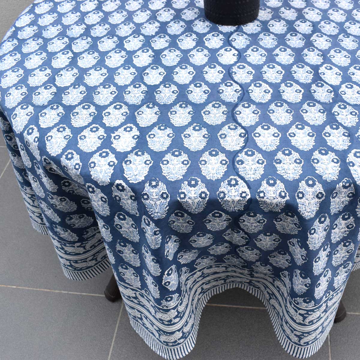 Hand Block Printed Cotton Round Tablecloth 275 cms Boota Aster Blue 202504