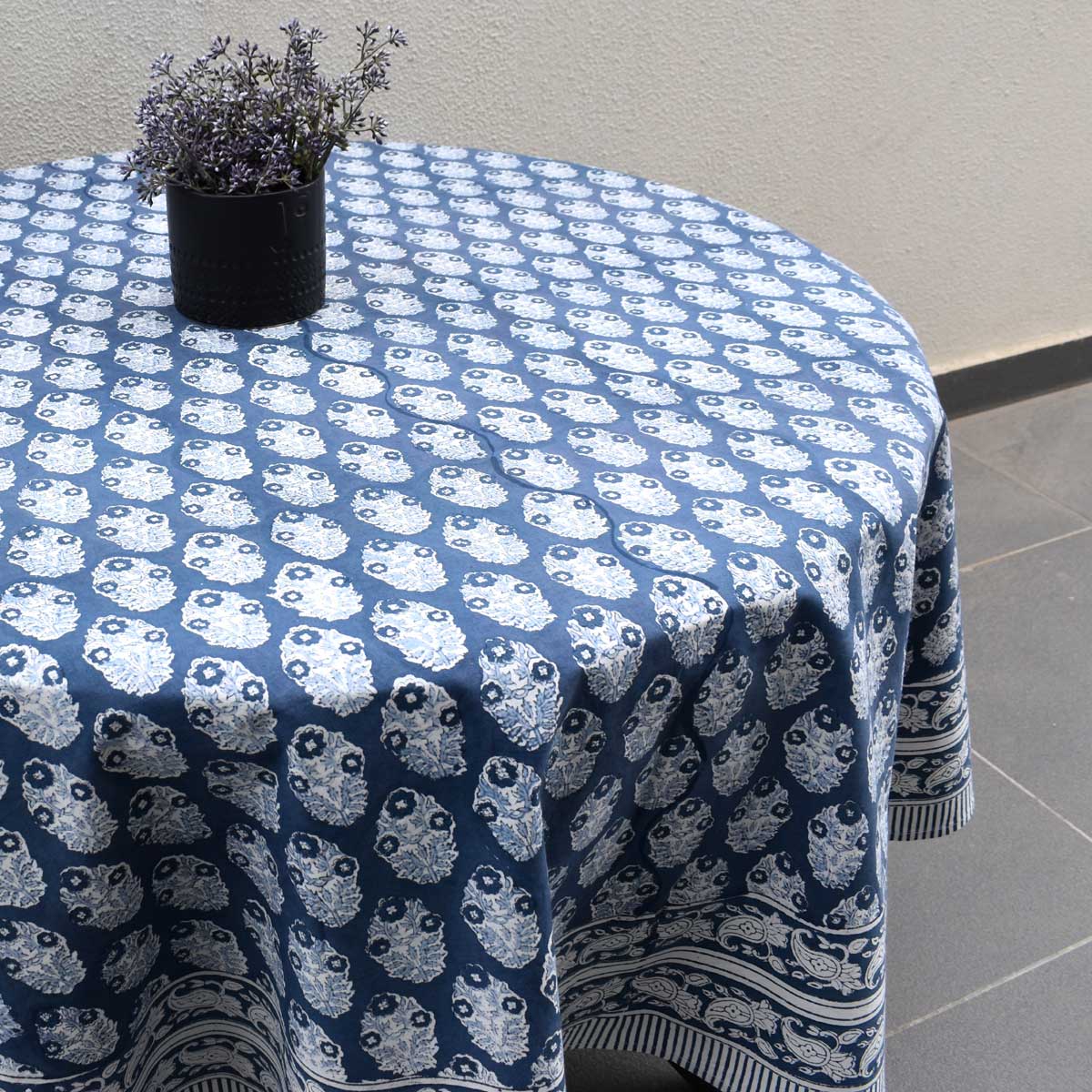 Hand Block Printed Cotton Round Tablecloth 275 cms Boota Aster Blue 202504