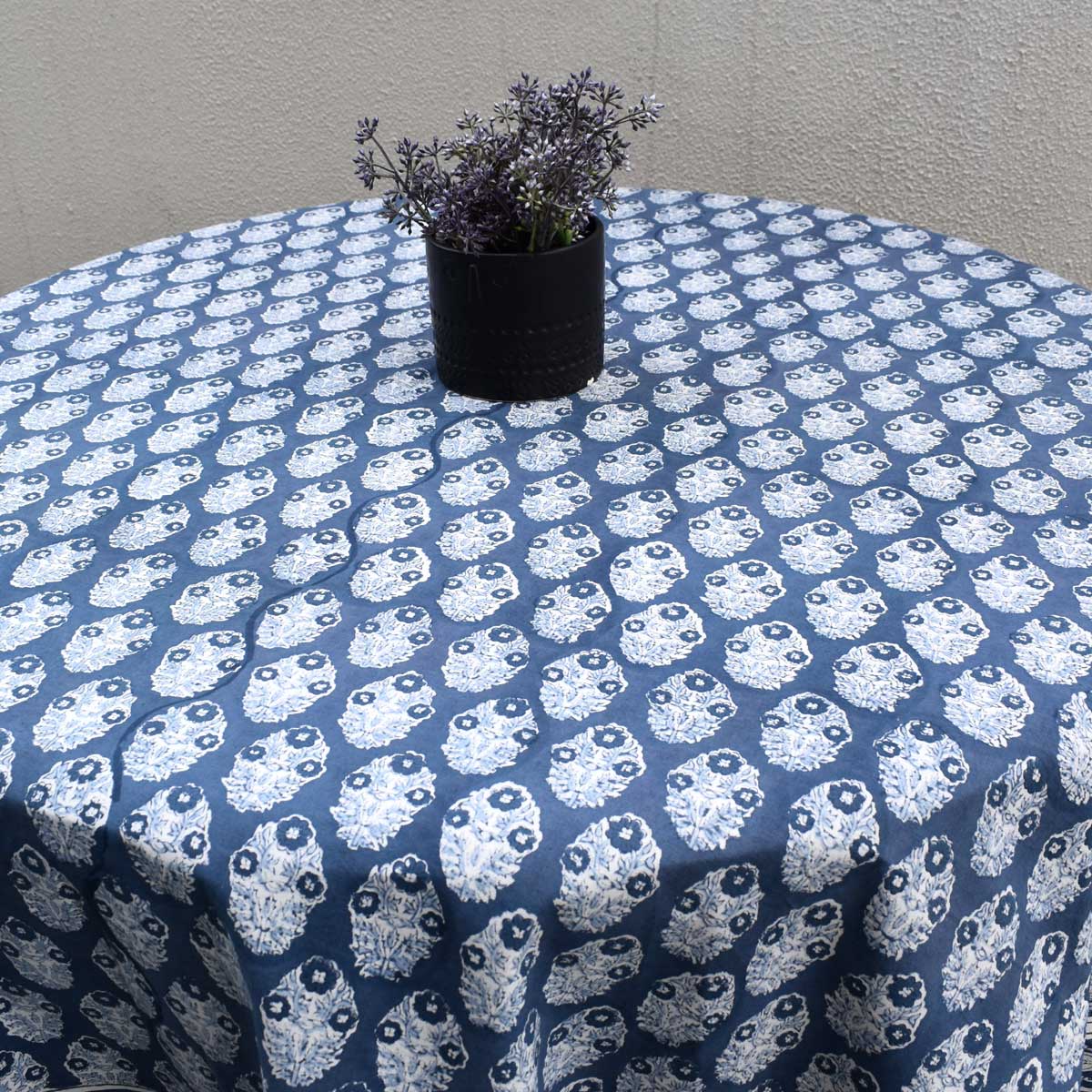 Hand Block Printed Cotton Round Tablecloth 180 cms  Boota Aster Blue 202504