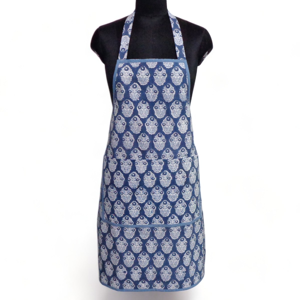 Indian Block-Printed 100 Cotton Apron Boota Aster Blue 202504