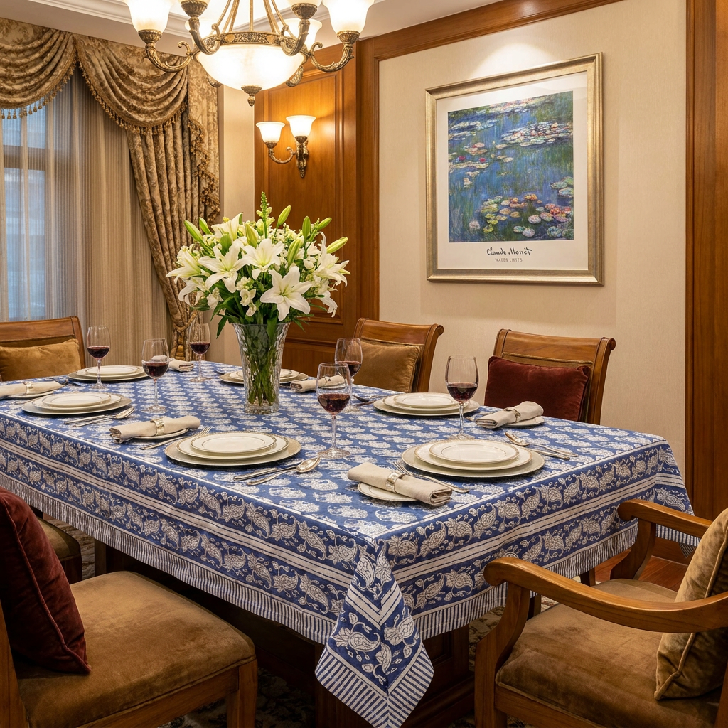 Hand Block Printed Cotton Tablecloth 180x270 cms Boota Aster Blue 202504