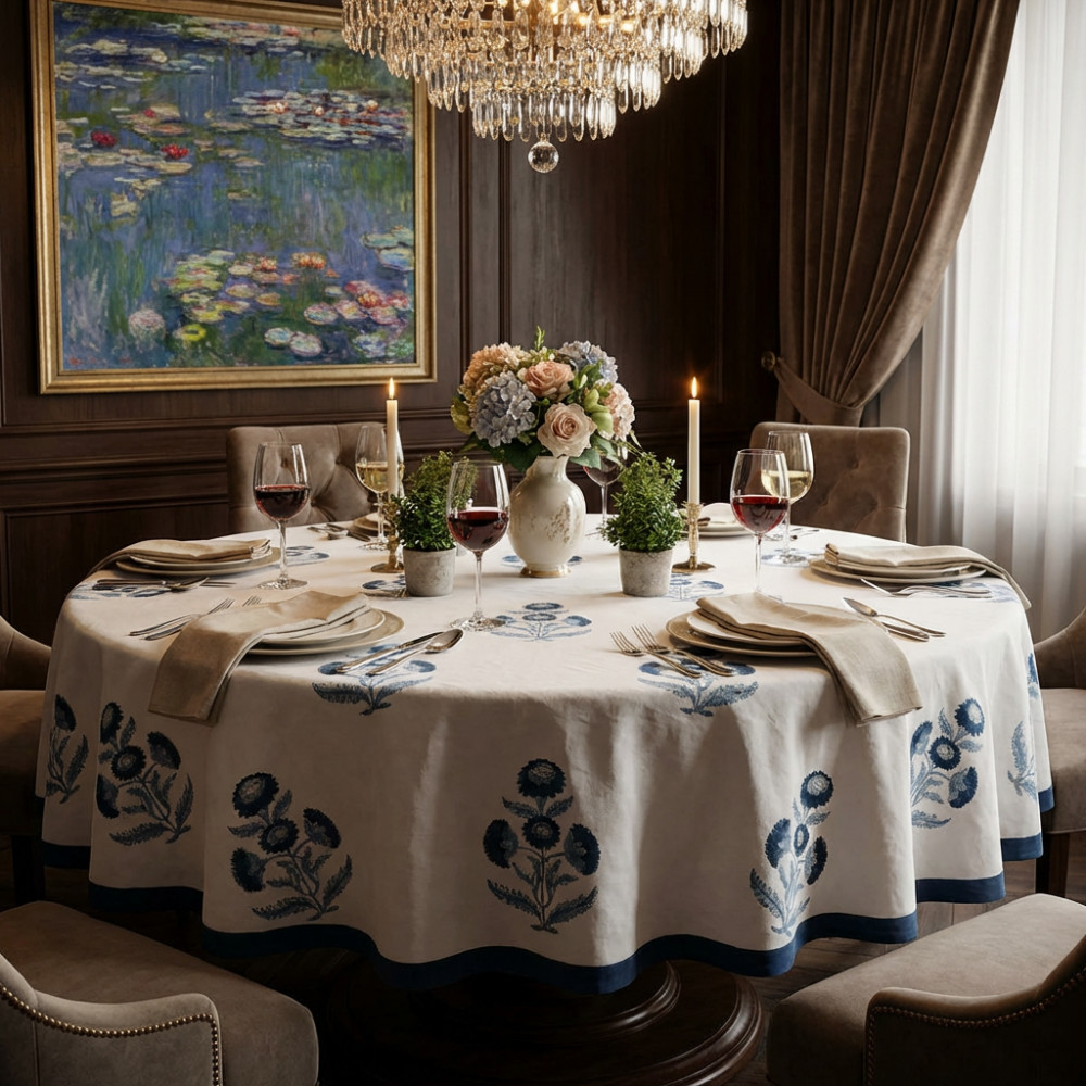 Image of Hand Block Printed Cotton Round Tablecloth 275 cms | Boota Blue 204108