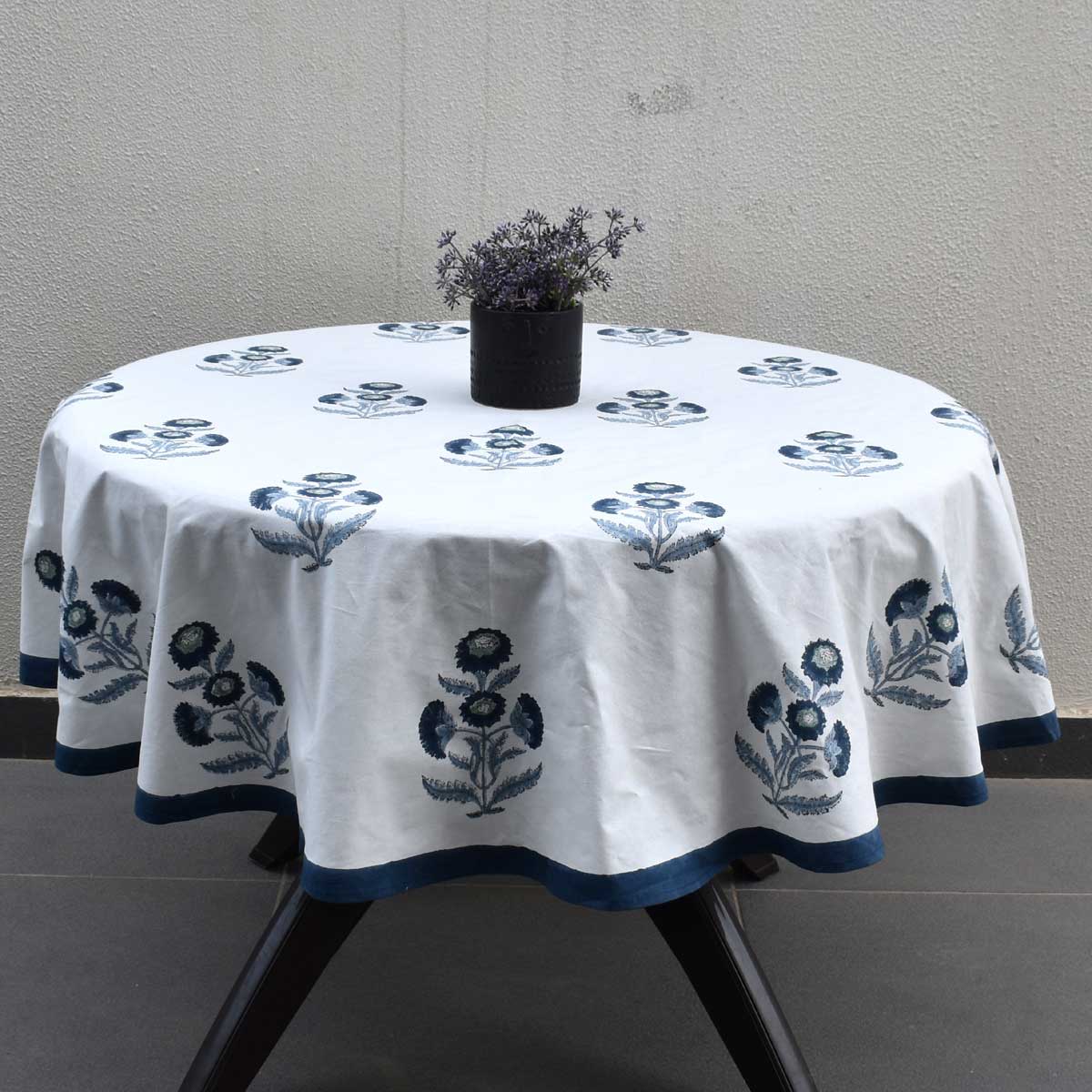 Hand Block Printed Cotton Round Tablecloth 275 cms Boota Blue 204108
