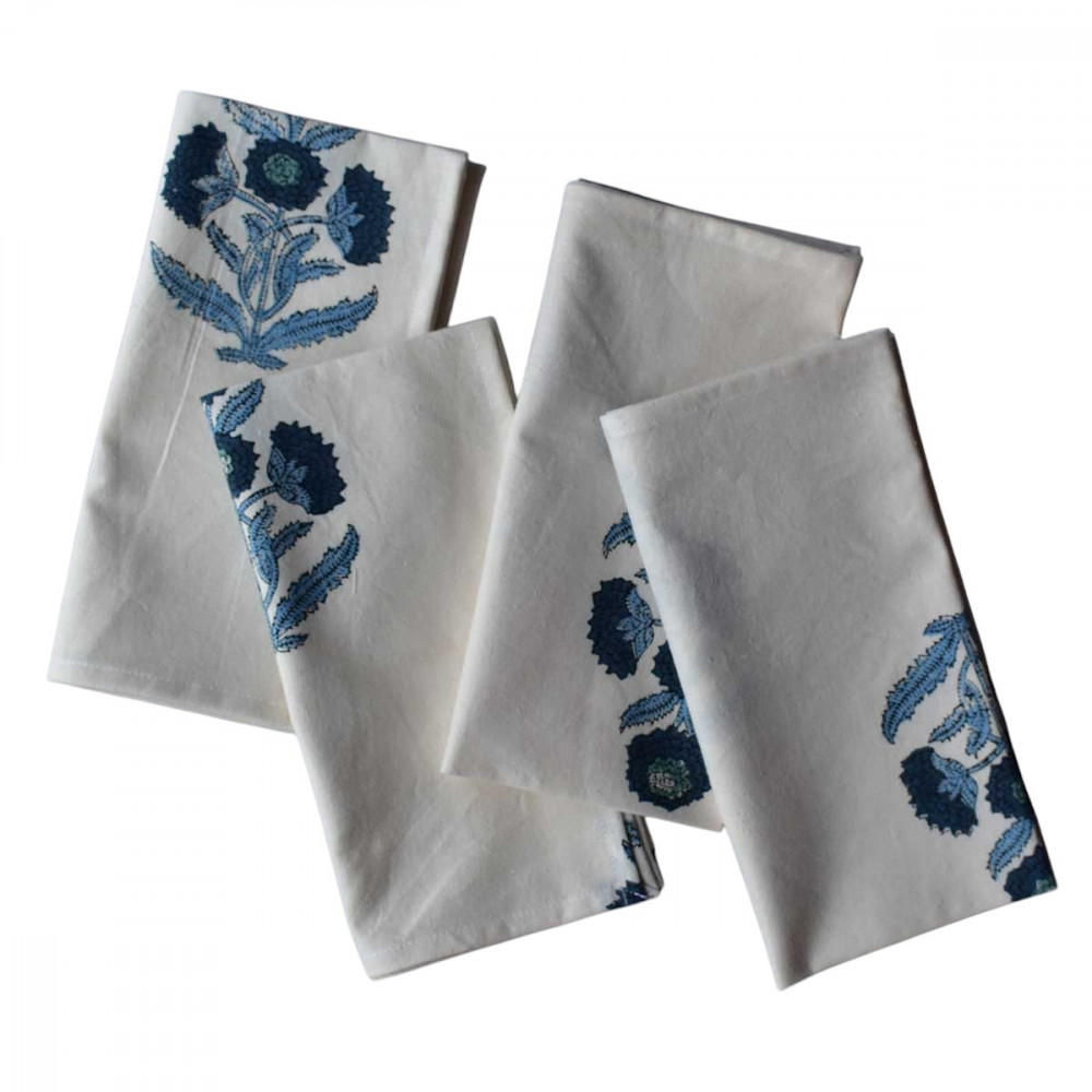 Image of Hand Block Printed Cotton Napkin 45x45 cms (Set of 4 Napkins) | Boota Blue 204108