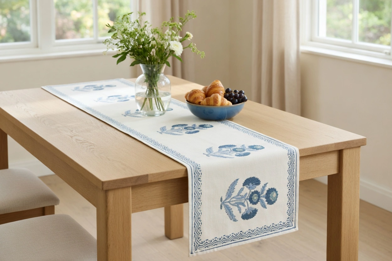 Hand Block Printed Cotton Canvas Table Runner 33x120 cms  Boota Blue 204108