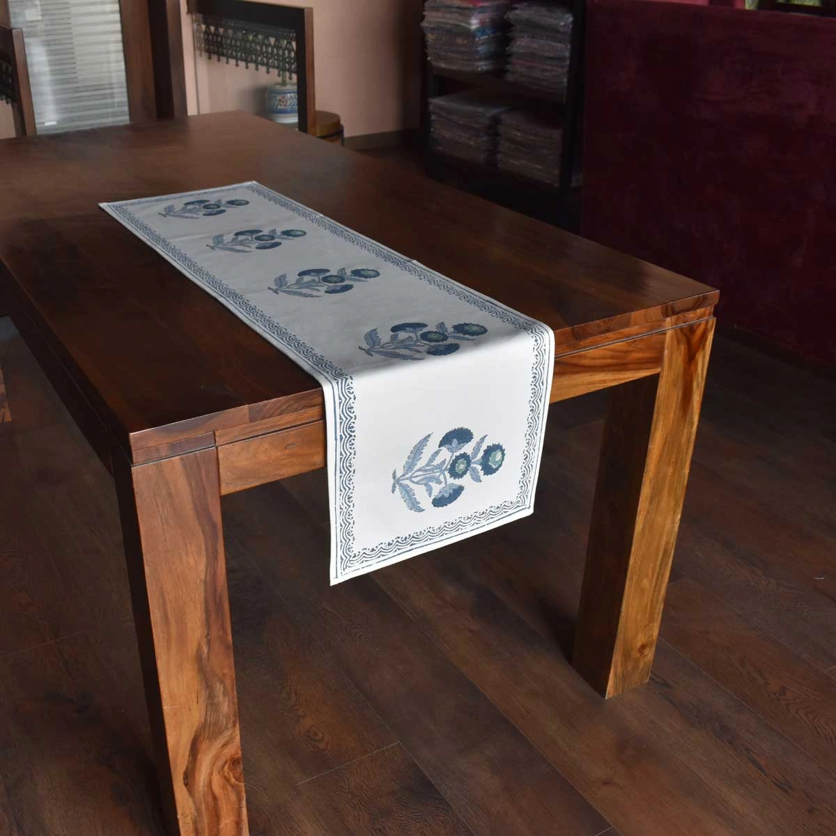Hand Block Printed Cotton Canvas Table Runner 33x120 cms  Boota Blue 204108