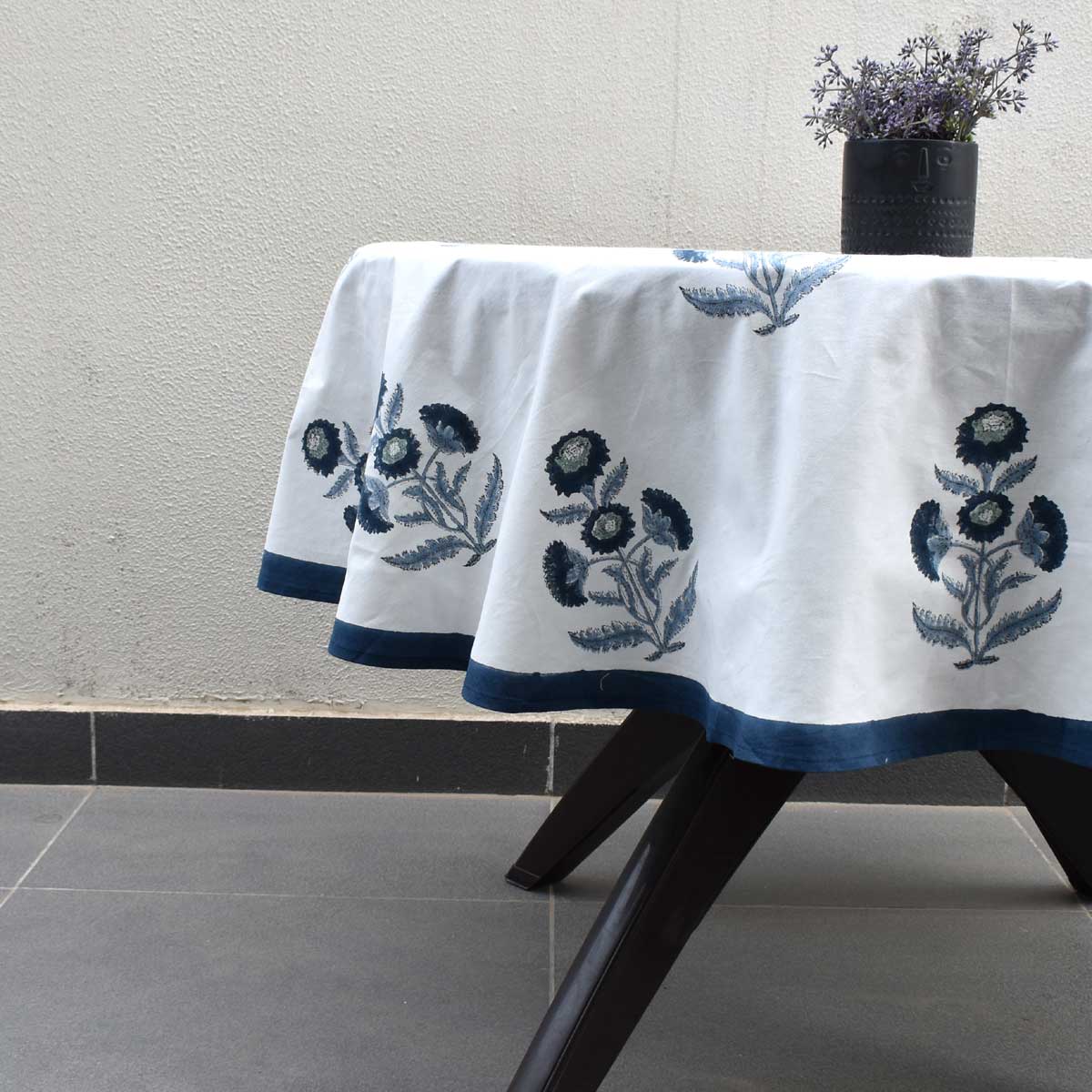 Hand Block Printed Cotton Round Tablecloth 180 cm Boota Blue 204108