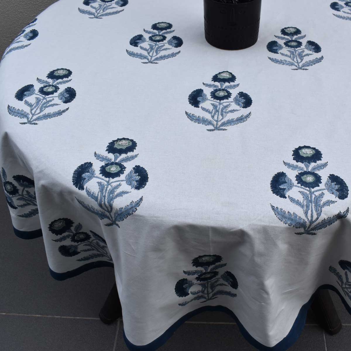 Hand Block Printed Cotton Round Tablecloth 180 cm Boota Blue 204108