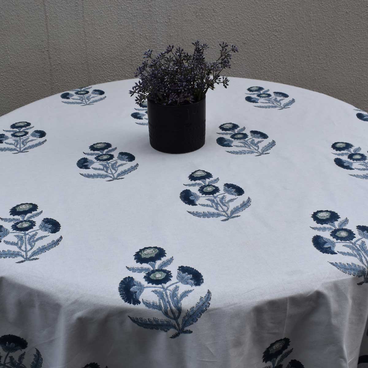 Hand Block Printed Cotton Round Tablecloth 275 cms Boota Blue 204108