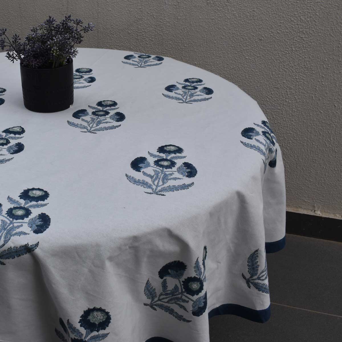 Hand Block Printed Cotton Round Tablecloth 180 cm Boota Blue 204108