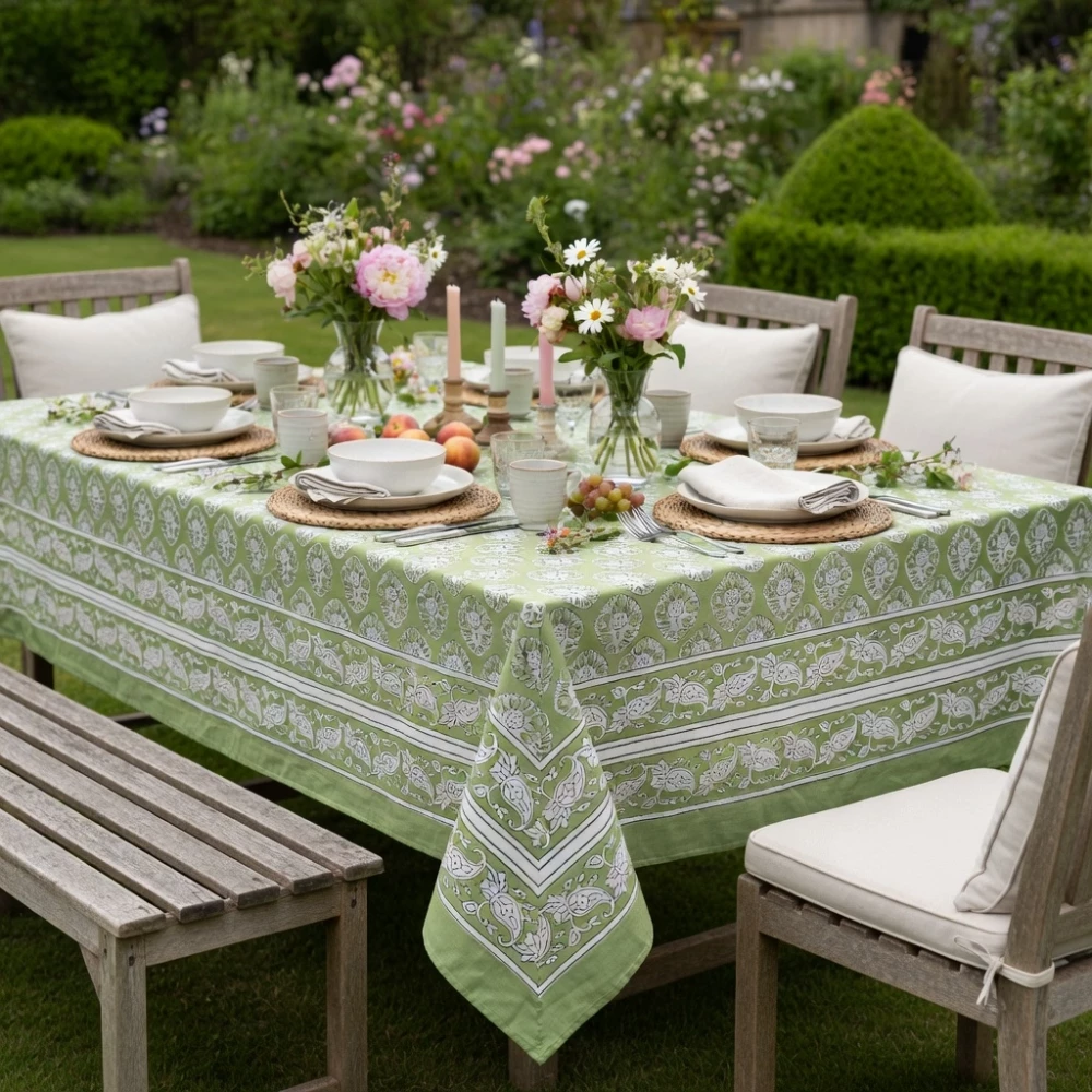 Image of Hand Block Printed Cotton Tablecloth 180x340 cms | Boota Celadon Green Gud 100673